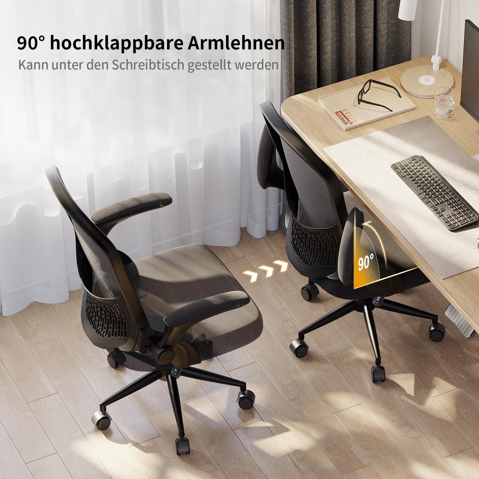 naspaluro Ergonomischer Bürostuhl, Schreibtischstuhl mit 90° Klappbaren Armlehnen, Einzigartige Lendenwirbelstütze, Atmungsaktive Mesh-Polsterung für das Heimbüro, Studie, Schwarz