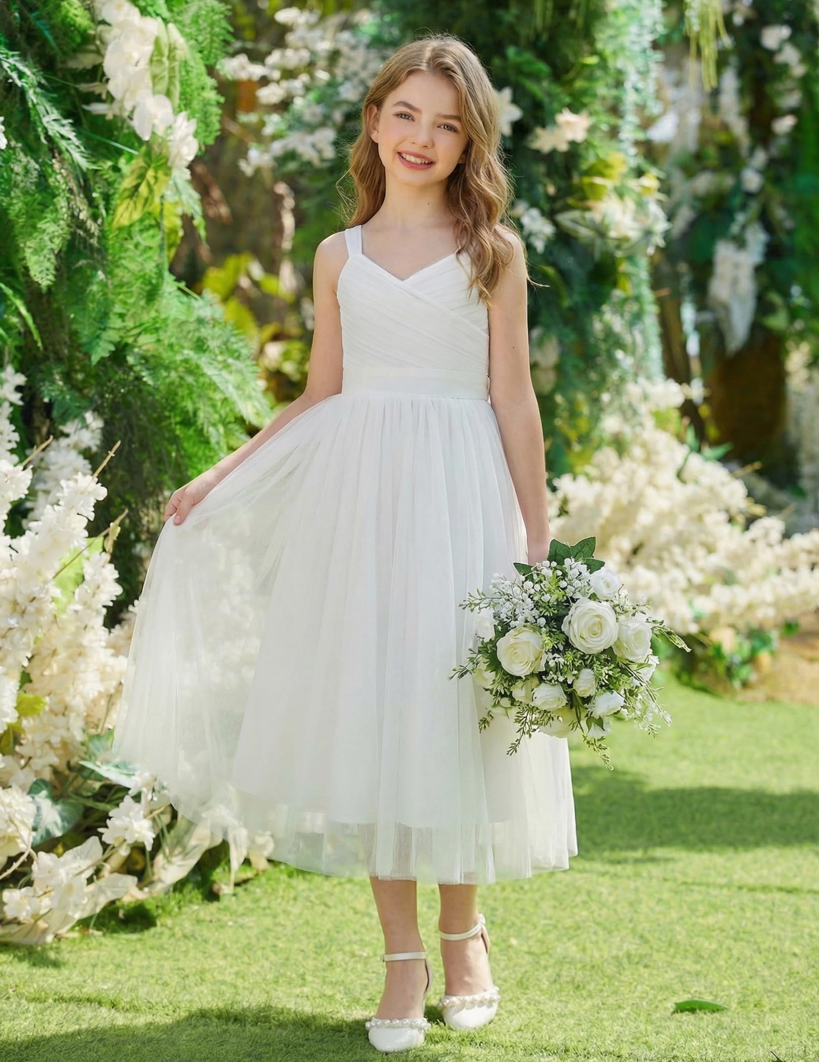Arshiner Flower Girl Dress Spaghetti Strap Tulle Long Formal Wedding Pageant Party Fancy Princess Ball Gown Dresses — view 2