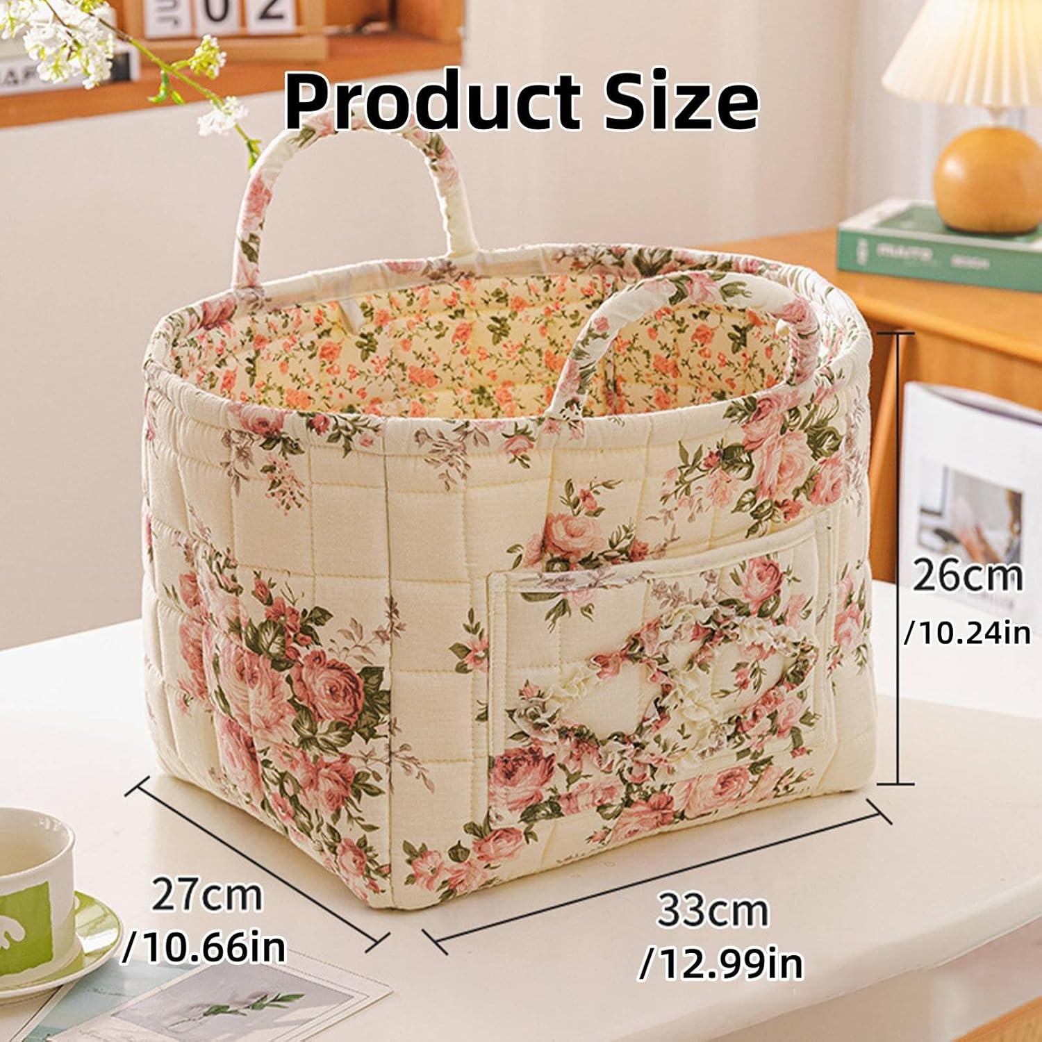 Boho Fabric Storage Basket, Boho Quilted Fabric Storage Basket, Floral Quilted Baskets for Storages Large with Easy-Carry Handles, for Clothes and Sundries (2 Pcs-C)
