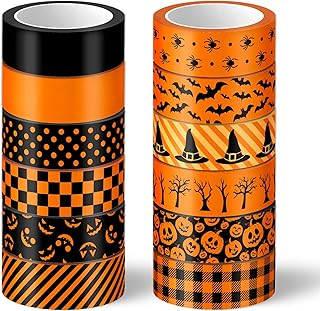 Whaline 12 Rolls Halloween Washi Tape Plaid Stripe Dot Grimace Pumpkin Spider Pattern Decorative Tape Black Orange Masking Tape for Halloween Theme Scrapbook Journal DIY Craft Gift Wrapping, 16.4Ft