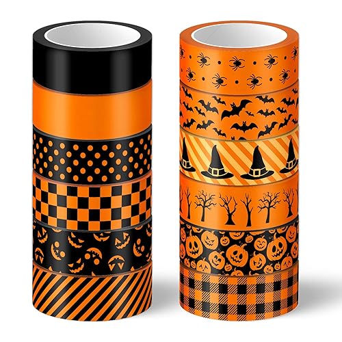 Whaline 12 rollos de cinta Washi de Halloween, diseño de rayas, rayas, rayas, calabaza, araña, cinta decorativa negra y naranja para Halloween,