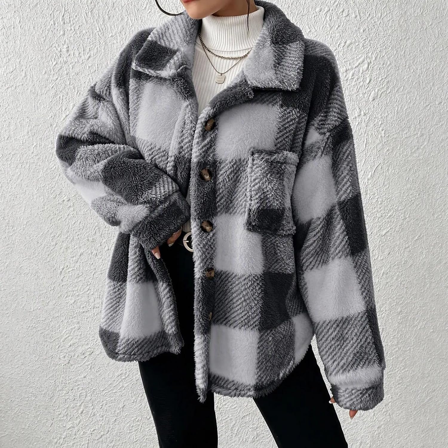 Women's Plaid Jacket Button Front Long Sleeve Classic Fleece Coat