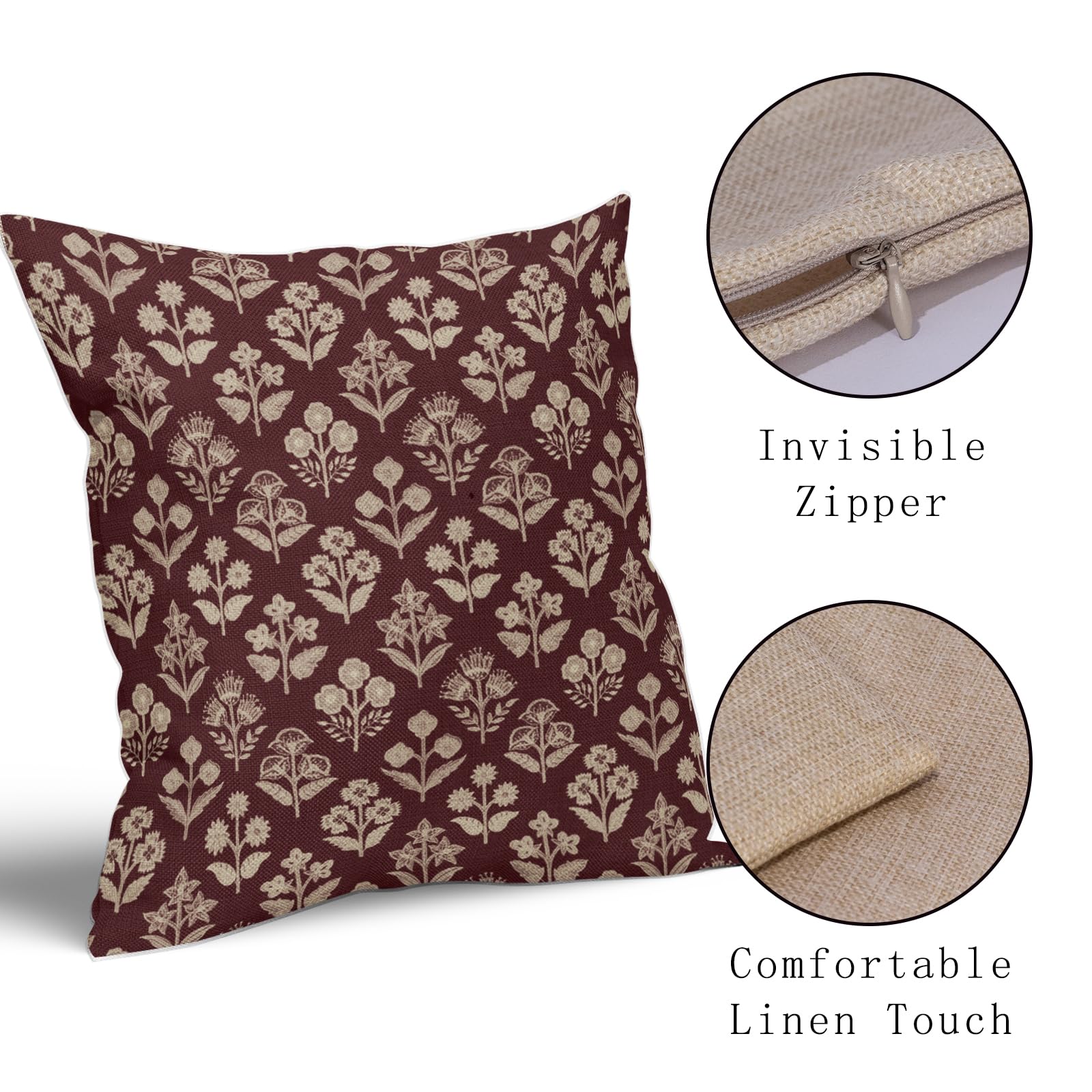 Burgundy Floral Pillow Covers 18x18 Set Of 2 - Vintage Block Print Design For Farmhouse & Rustic Decor