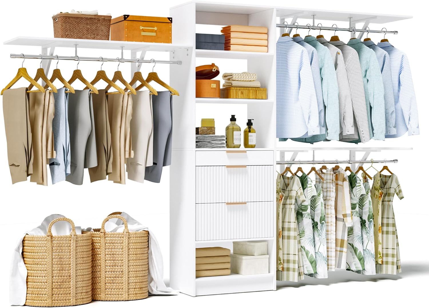 Closet System, 8FT Closet Organizer with 3 Wooden Drawers, Walk-in Closet Wardrobe Clothes Rack with 3 Expandable Hanging Rods, Garment Rack, White