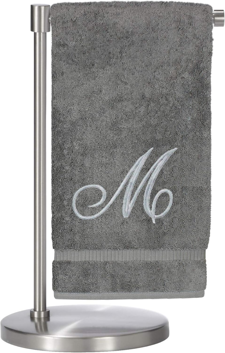 Monogrammed Bath Towel, Personalized Gift, 27 x 54 inches - Set of 2 - Silver Script Embroidered Towel - 100% Turkish Cotton- Soft Terry Finish - for Bathroom or Spa - Script M Gray