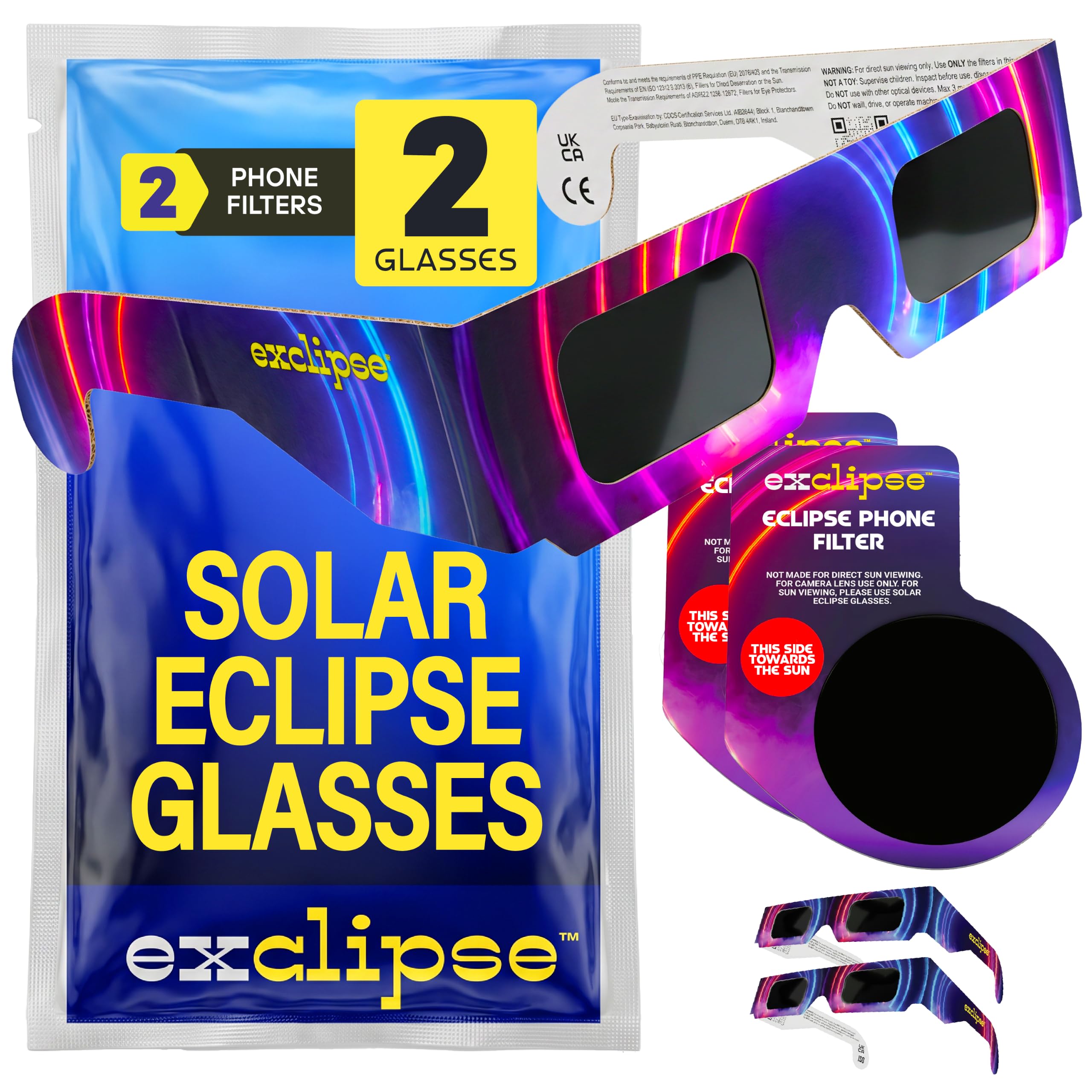 Solar Eclipse Glasses 2 Pack with 2 Phone Filters โ ISO 12312-2 & CE & UKCA Certified Sun Viewing Glasses + Smartphone Filters, Eclipse 2026 Kit