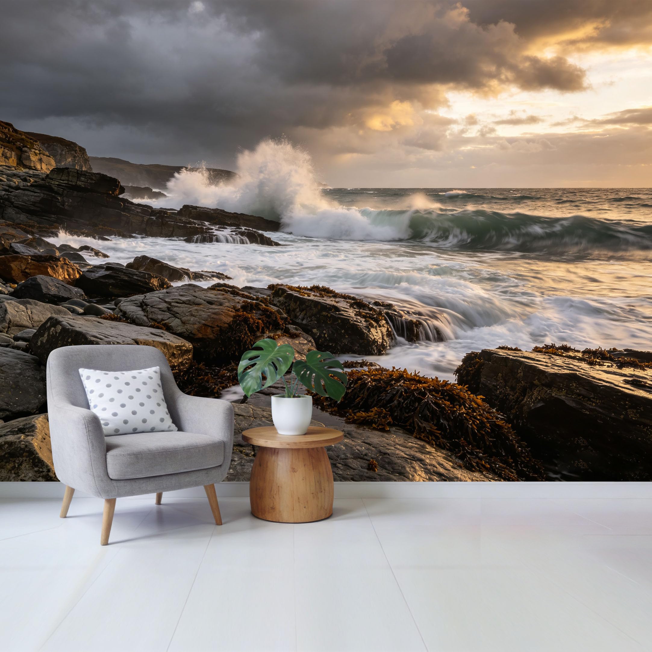 Qzlithotic Yq2605250007 Custom Size Wall Mural Dramatic Crashing Ocean Waves Coastal Rocky Shore Sunset Landscape Selfadhesive Wall Fabric Removable Wallpaper For Home Office Decor