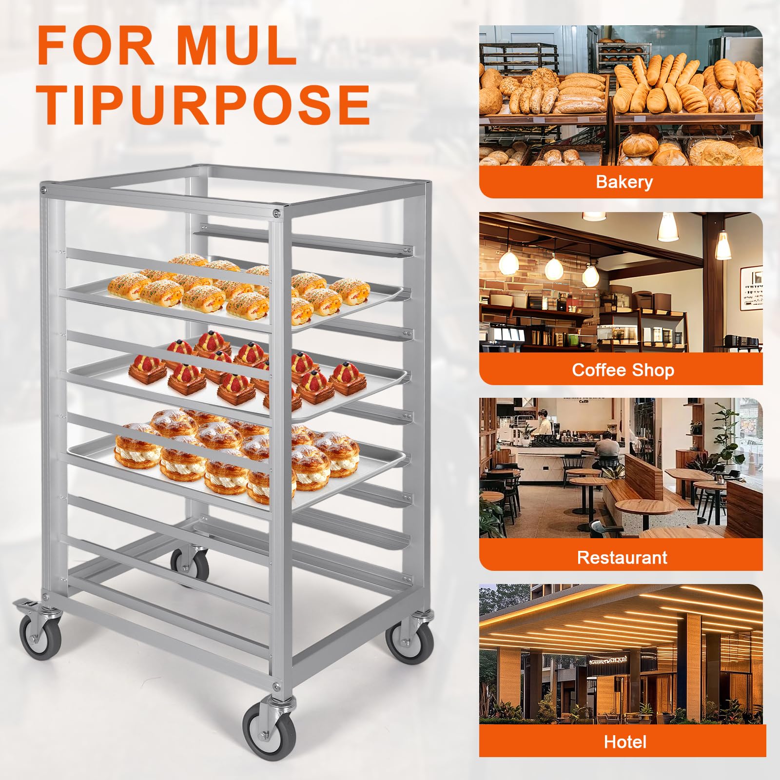 Estante de aluminio de 9 niveles con espacio de 3 pulgadas para el hogar, cocina comercial, panadería, panadería, con ruedas de freno, bandeja de cocina comercial, para restaurante, cafetería