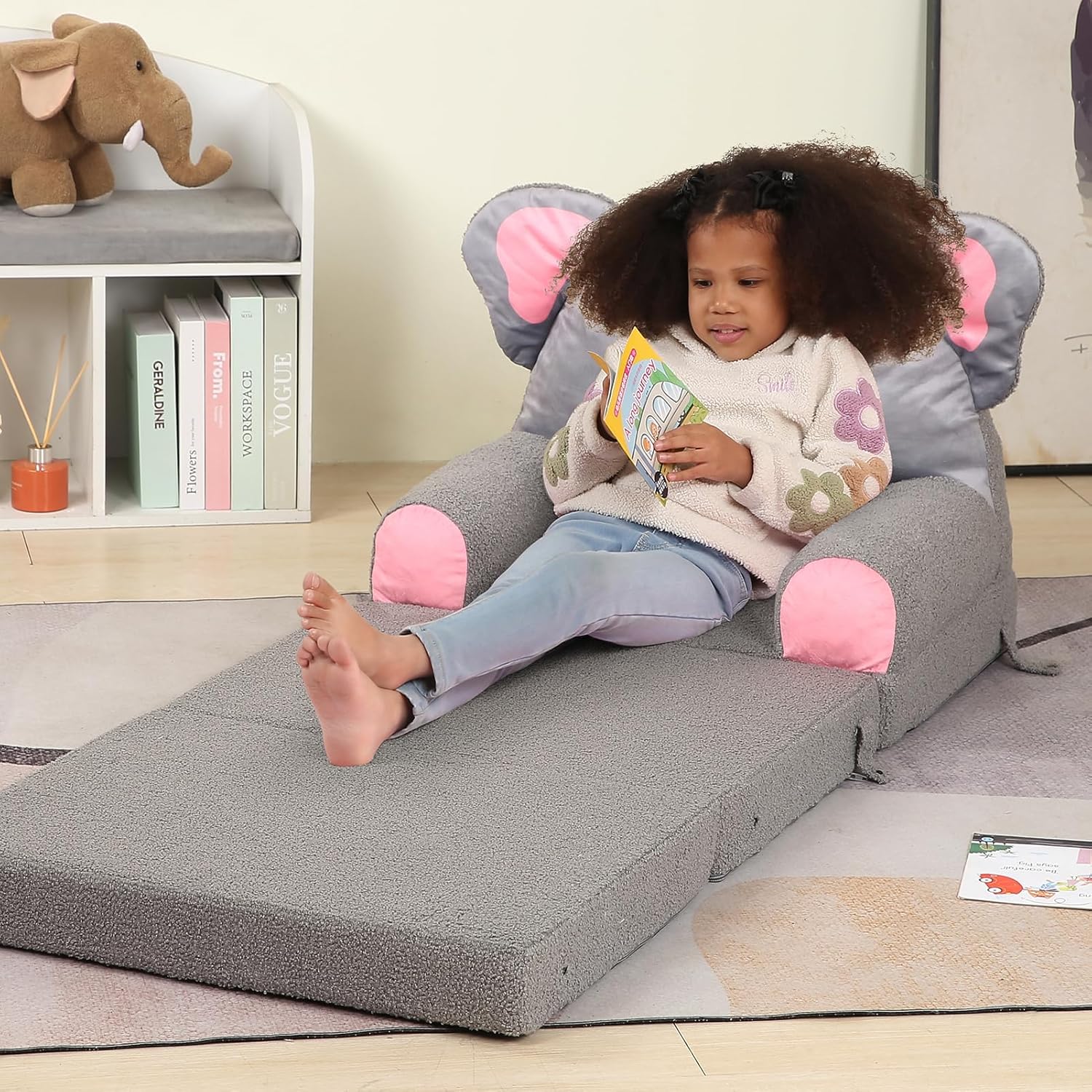 MOMCAYWEX Kids Sofa, Sherpa Couch with Tri-Layer Foam Cushions, Comfy Seating for Kids Age 3–6 Years, Grey