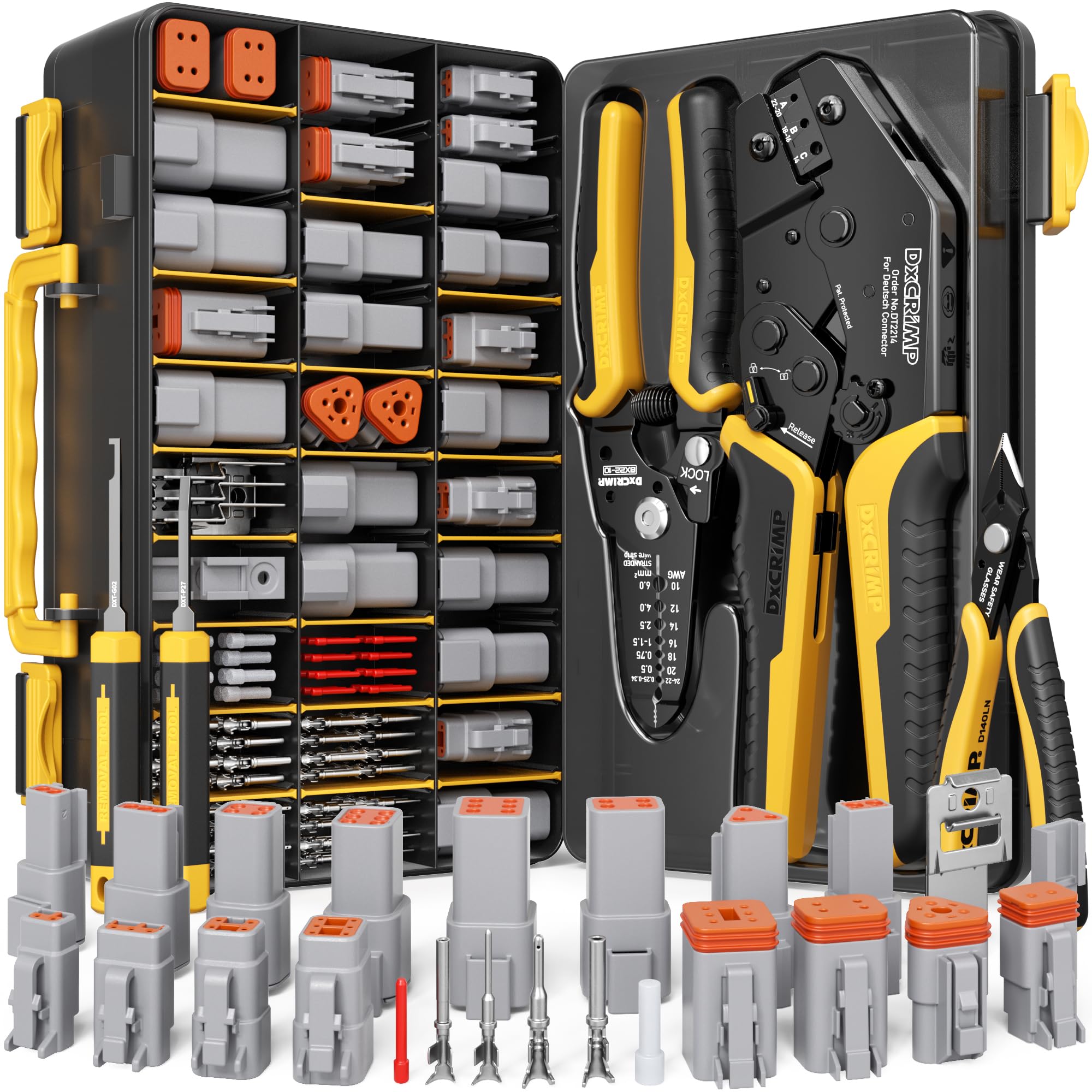 DxCRIMP DT & DTM - Set di connettori impermeabili per auto con pinza crimpatrice a 2/3/4/6 poli | Misura 16/20 contatti, pinza crimpatrice (0,34-2,5 mm²), spelafili e 2 strumenti di estrazione. IP68 per auto, moto e camion
