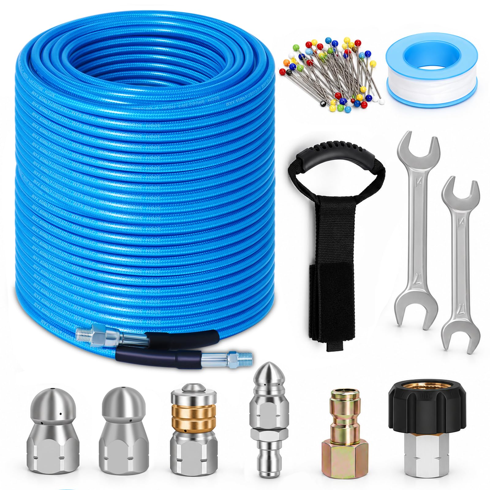 200FT 1/4-In Sewer Jetter Kit, 5800 PSI Pressure Washer Drain Cleaner Hose