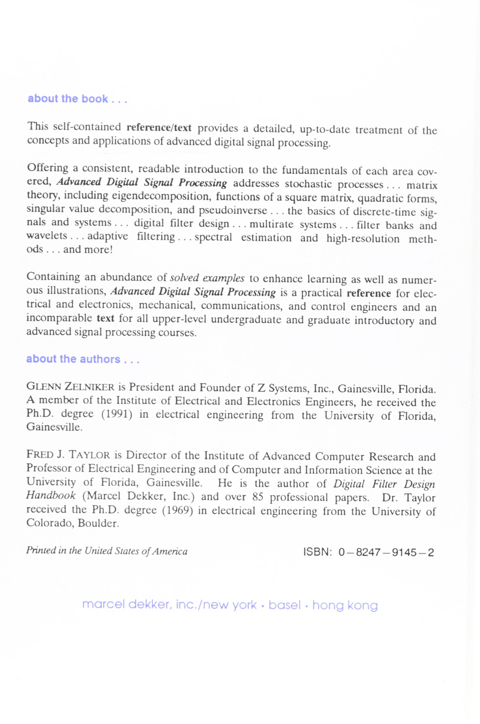 Advanced Digital Signal Processing: Theory and Applications (Electrical & Computer Engineering, Band 86)