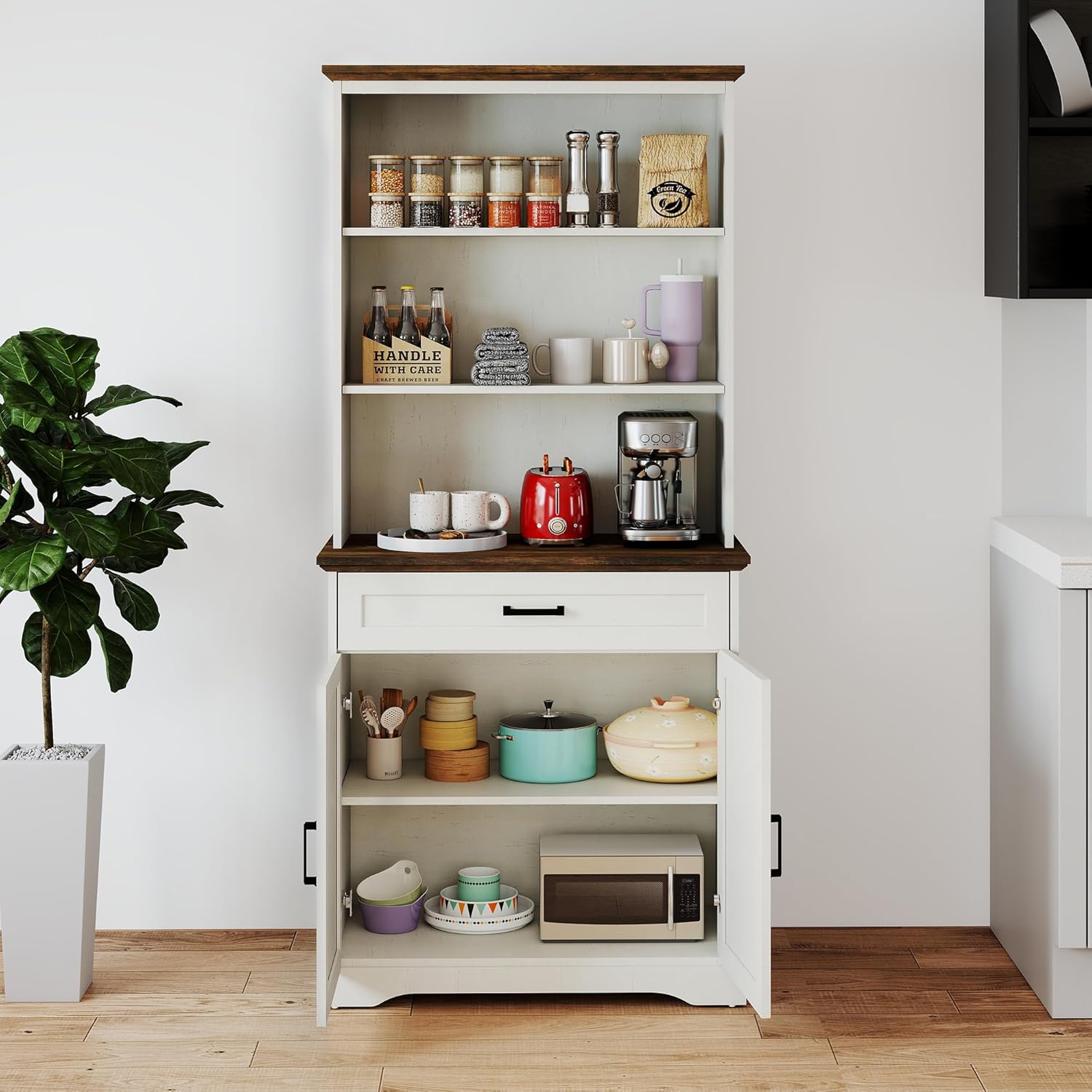 blini Tall Bookshelf with Drawers, 5-Shelf White Bookcase, 15" Multi Depth Storage Cabinet with Adjustable Shelves, Large Bookcases for Home Office, Living Room