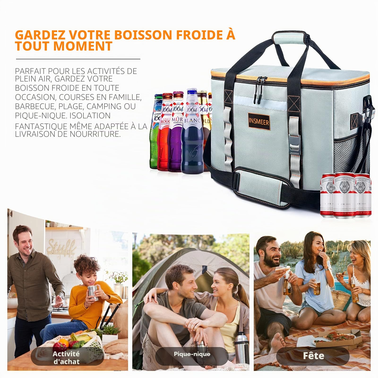 INSMEER Grand Sac Isotherme48L/55L, 65/80 Can Sac Glacière Étanche/Facile à Nettoyer avec Décapsuleur et Bandoulière Amovible, pour Plage, Pique-Nique, Shopping, Camping