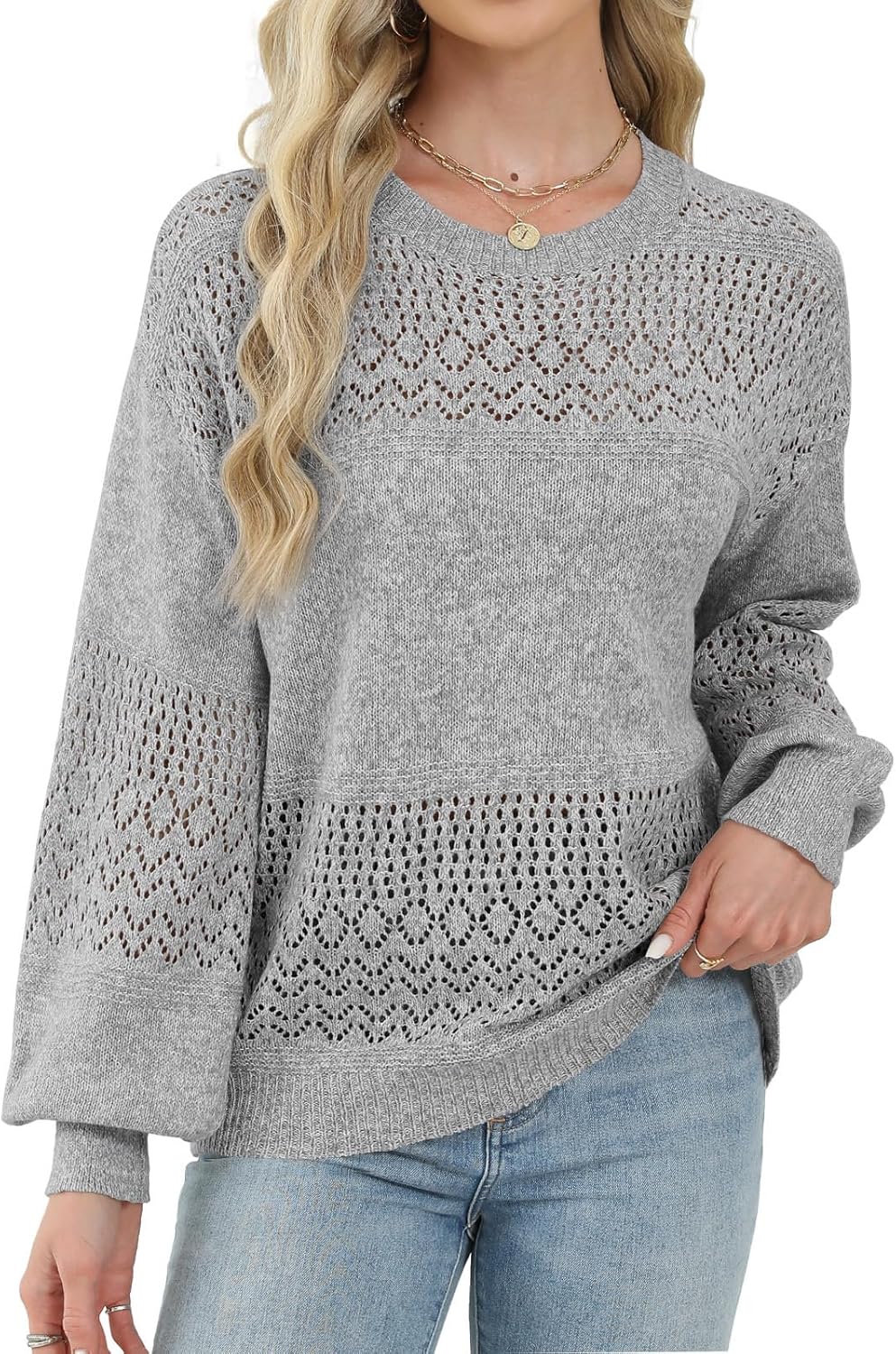 Lylinan Womens Sweaters Casual Boho Long Sleeve Shirts Crewneck Lightweight Crochet Tops Pullover Knit Sweater - Image 2