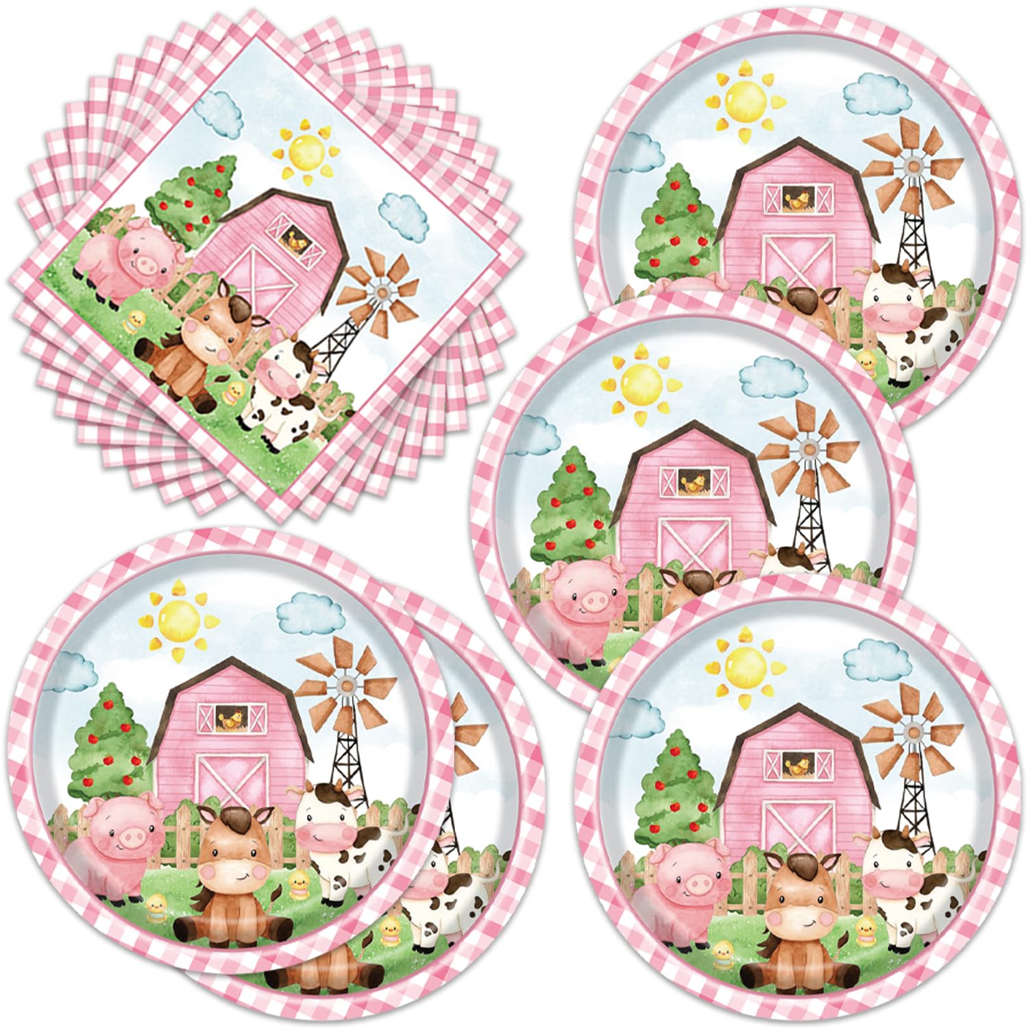 Frypeas 40pcs Farm Animals Party Supplies Plates and Npakins Farm House Animal Barnyard Theme Birthday Party Decorations Pink Barn Animal Baby Shower