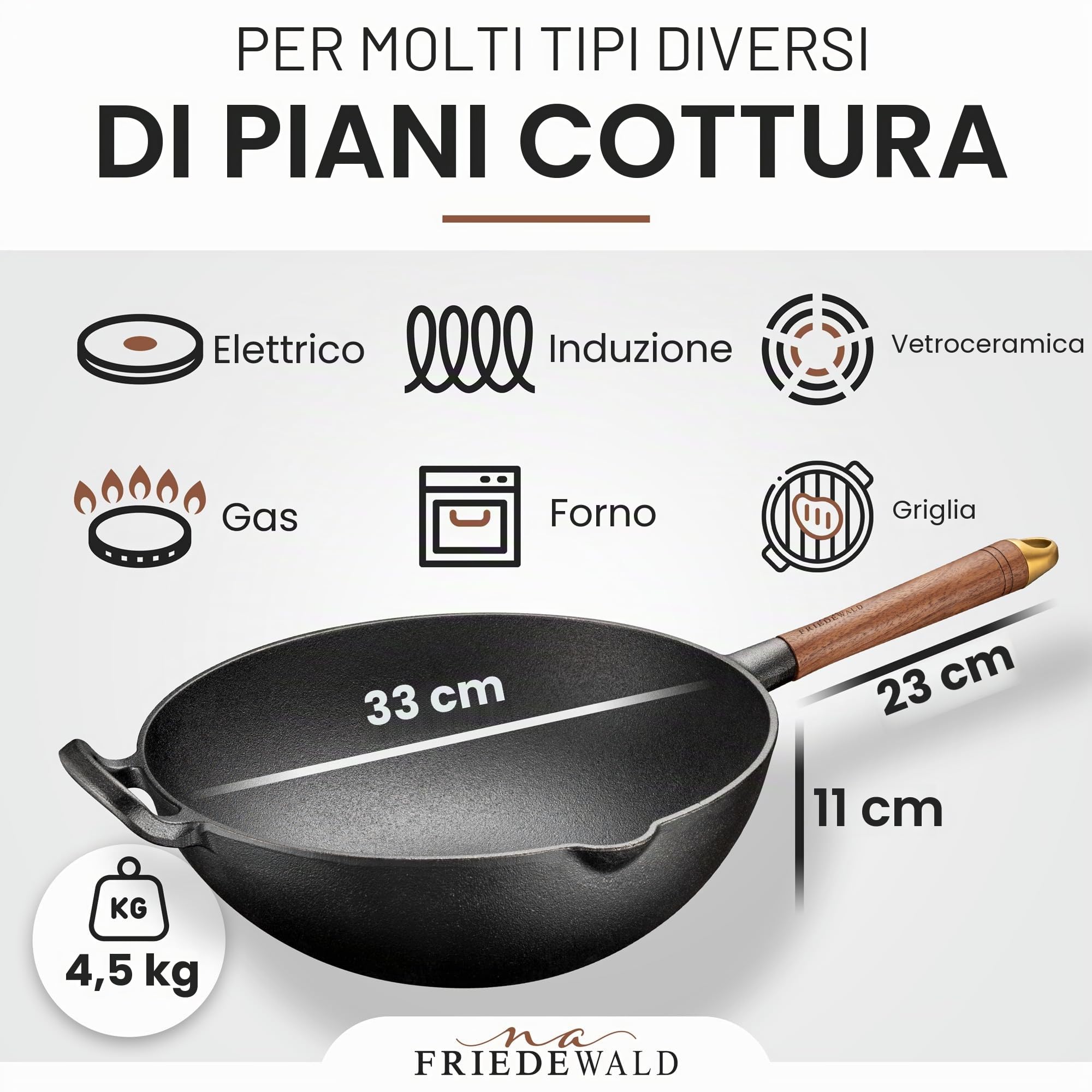 na Friedewald - Wok in ghisa con coperchio, adatto a piani cottura a induzione, 33 cm, 5 l, adatto a tutti i piani cottura, grande padella da griglia e cottura, rivestimento antiaderente