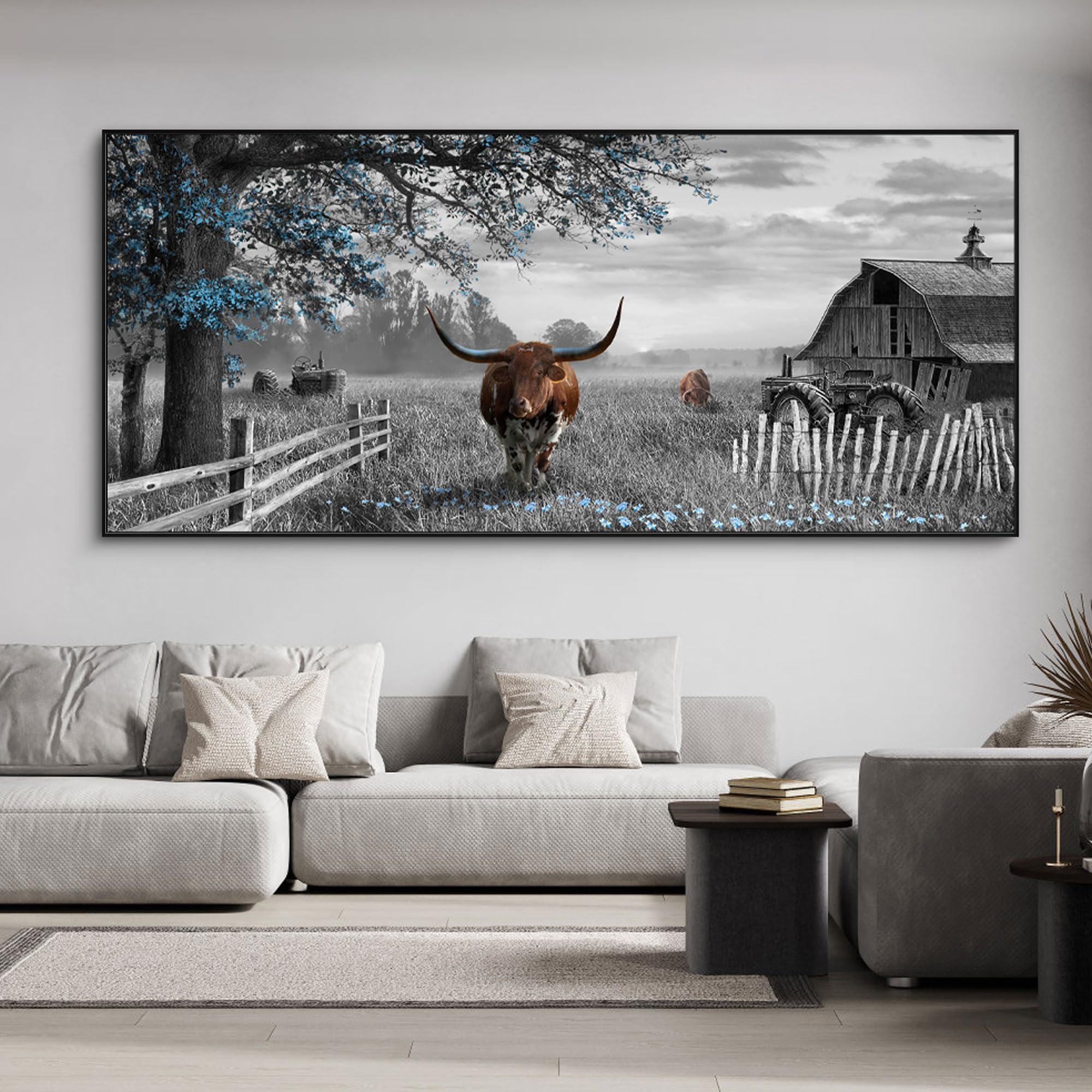 yiijeah Rustic Wall Art - Western Home Decor Cow Picture Extra Large Wall Decr Rustic Longhorn Living Room