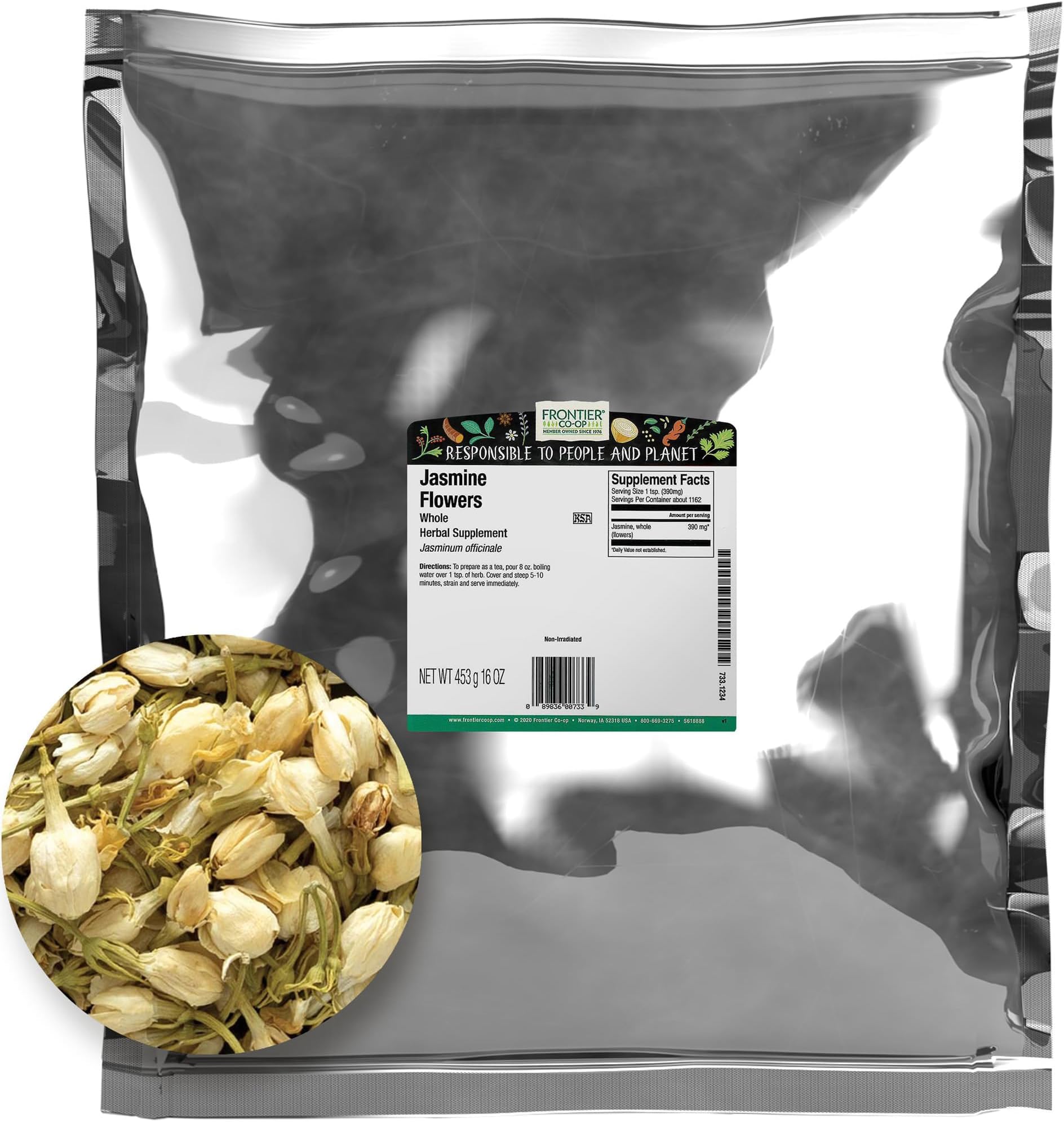 Frontier Co-op Whole Jasmine Flowers, Kosher Bulk Bag - Dried Jasmine Buds, Natural Edible Flowers for Tea, Herbal Use | 16 Ounce (Pack of 1)