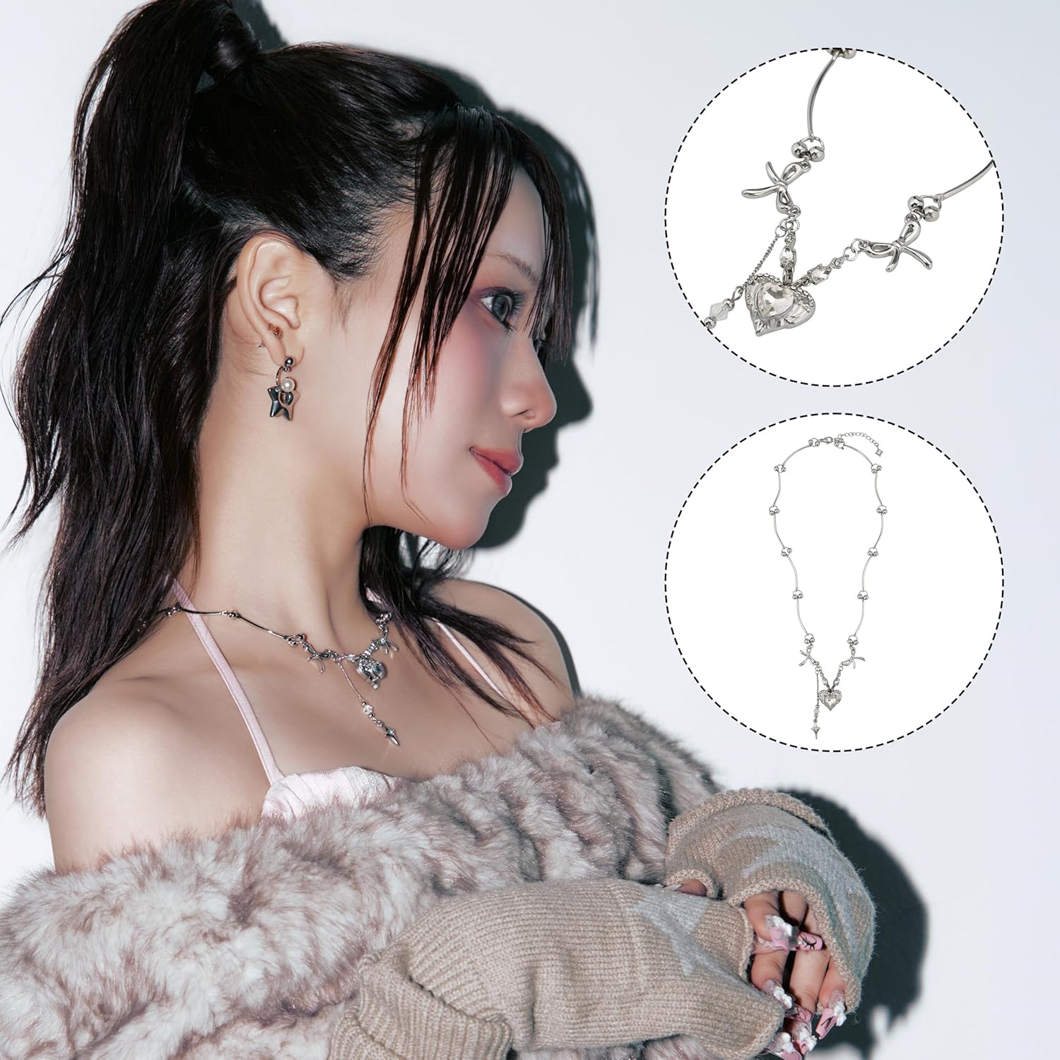 Heart & Bow Necklace, Silver Heart Necklace for Women, Y2K Jewelry Necklace, Aesthetic Crystal Pendant Necklace, Silver Chain Jewelry, Cute Fashion Accessories Gift for Women