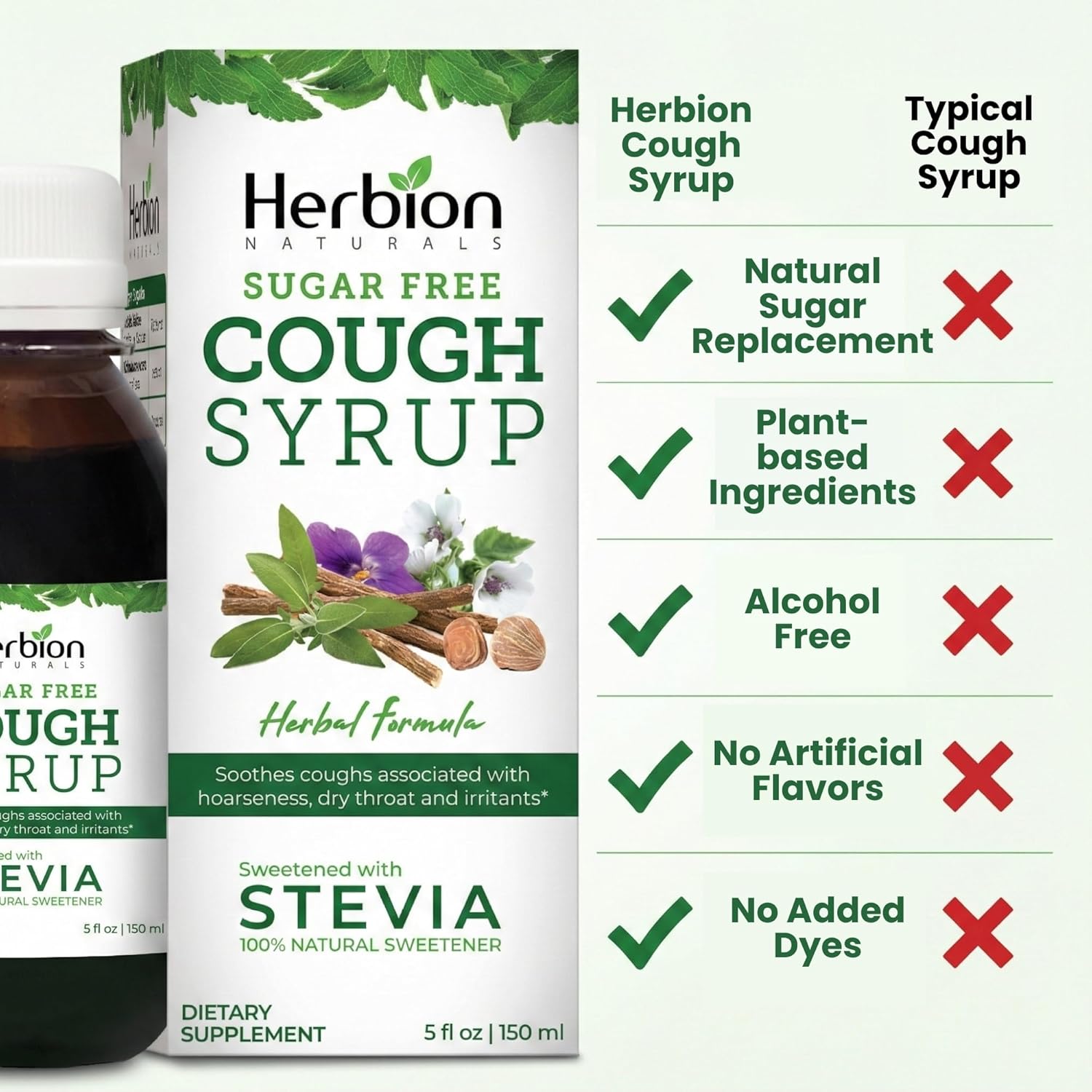 HERBION Naturals Sugar Free Cough Syrup with Stevia, Relieves Cough and Soothes Sore Throat, Optimizes Immune, for Bronchial & Lung Function - 5 Fl Oz (Pack of 24)