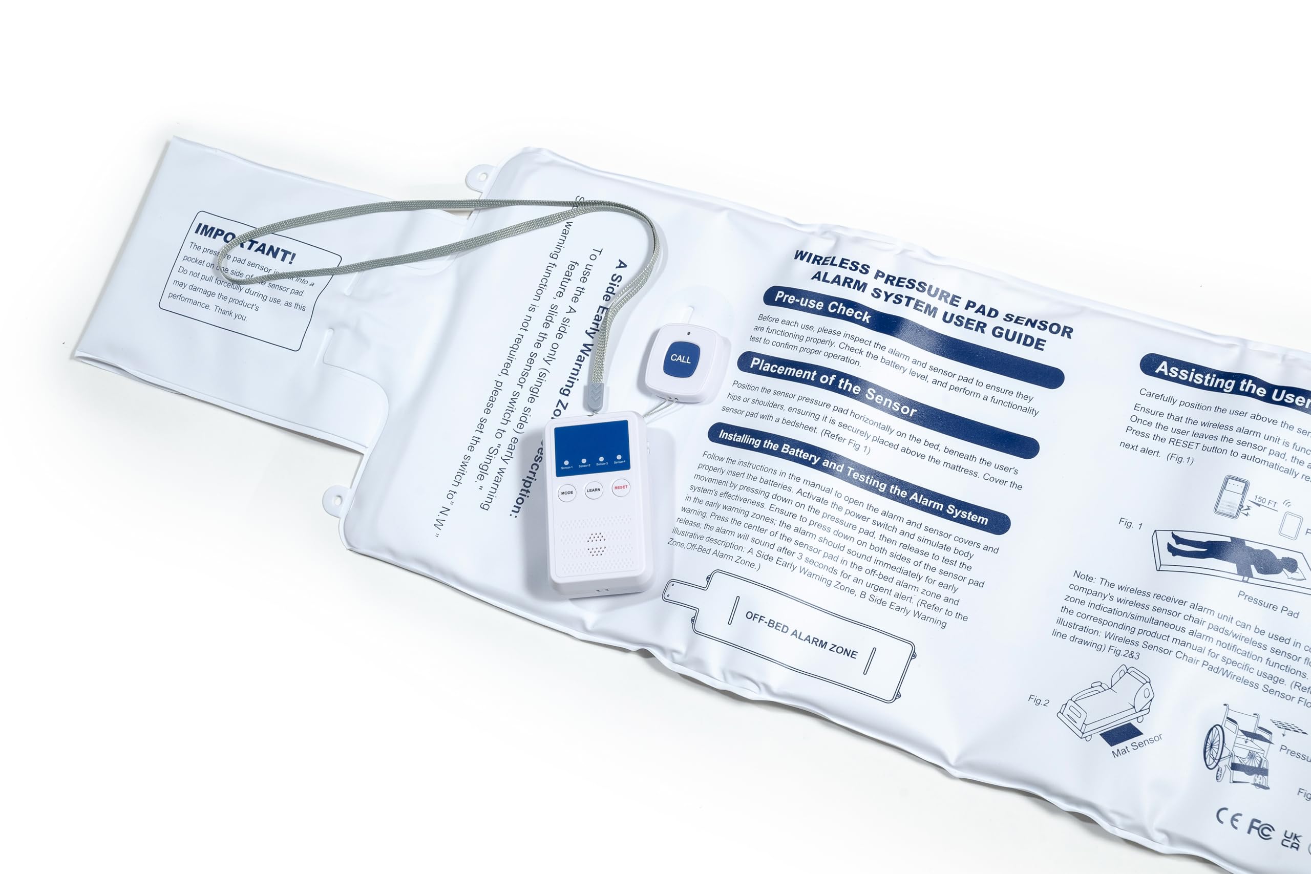 Sistema de alarma de cama VOCA Smart Early Alert con almohadilla para silla de ruedas para adultos mayores: sensor inalámbrico y buscapersonas, alarmas de cama, prevención de caídas
