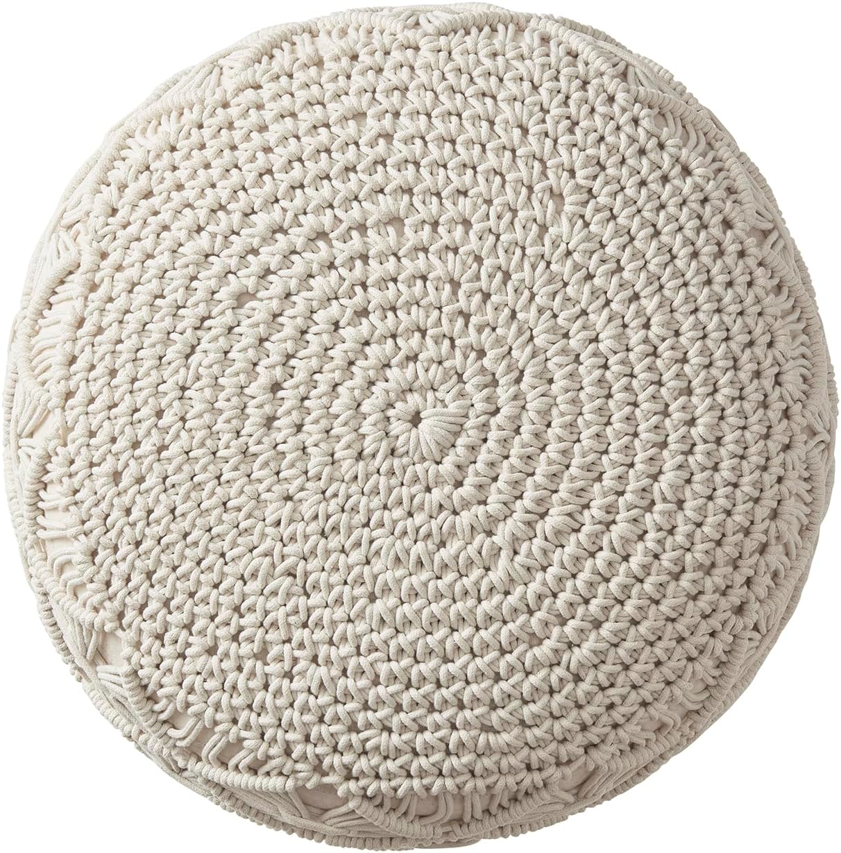 Ornavo Home Pouf Ottoman Foot Rest - 100% Cotton Pouffe - Hand Knitted Macrame Braid - Boho Round Stuffed Ottoman for Living Room, Bedroom - Natural