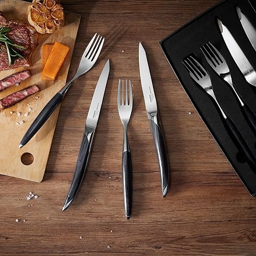 Miniatura 4 de OAKSWARE Juego de 8 cuchillos para carne y tenedores de cena, vajilla alemana de acero inoxidable, cubiertos para cocina, pulido con espejo, mango