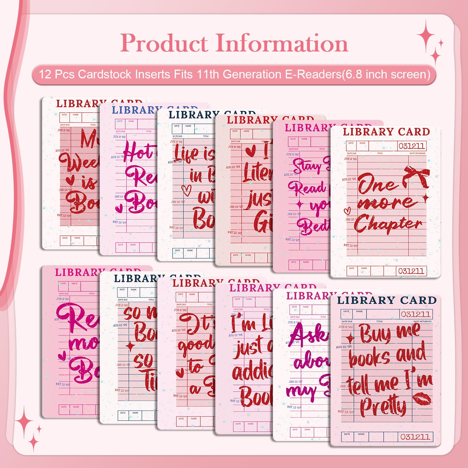 Rngmsi Karton do przezroczystego etui – 12 szt. wkładów kartonowych do kart bibliotecznych kompatybilne z Kindle Paperwhite 11-12., 6,9 cala x 4,20 cm, różowe papiery książkowe do czytnika e-booków