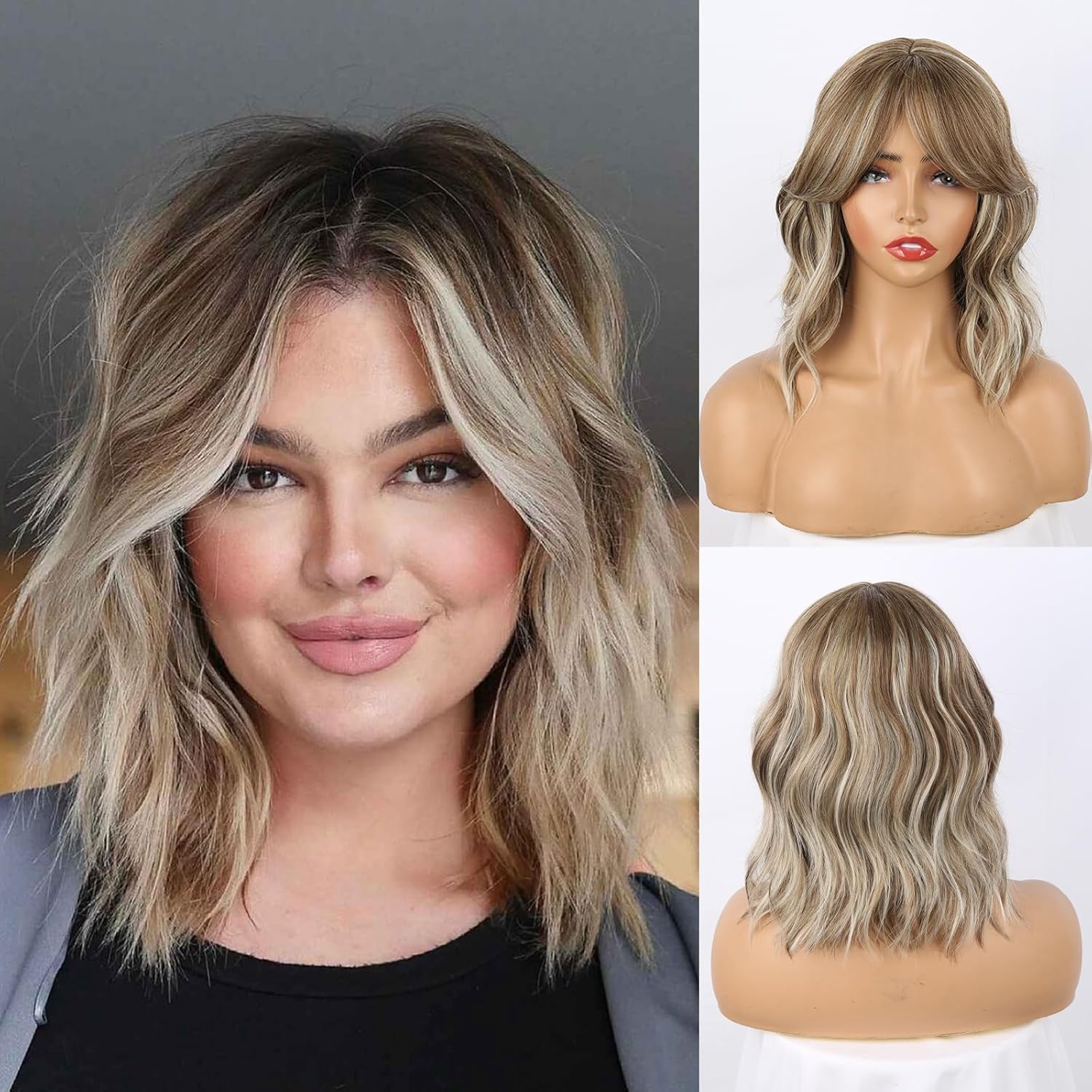 Short Ombre Highlight Honey Blonde Wavy Bob Wig with