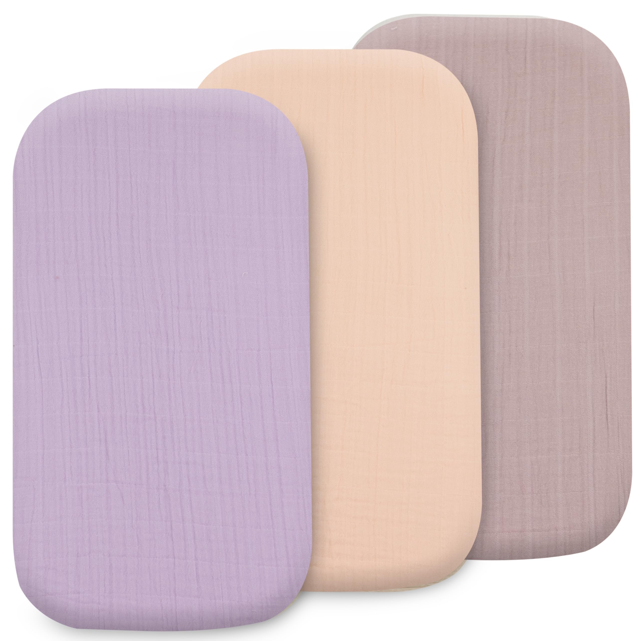 3 Pack Organic Muslin Bedside Bassinet Sheets Compatible with Mika Micky, Baby Delight, Dream On Me, AMKE and Other Bassinet Pads Size Between 17-21