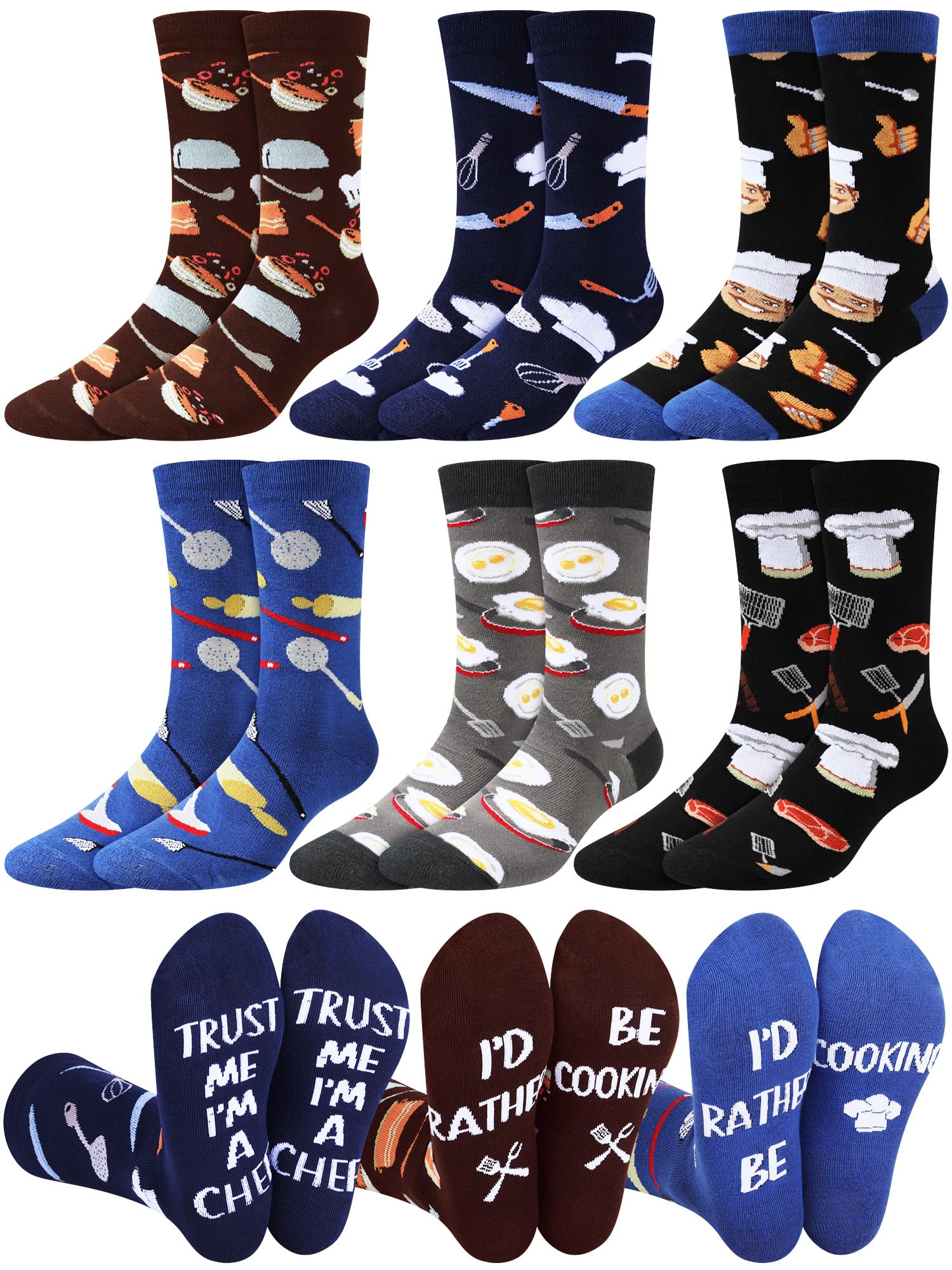 6 Pairs Novelty Chef Socks for Men Funny Crew Cooking Occupation Socks Birthday Valentine's Day Gift for Cooks Cooking Lover