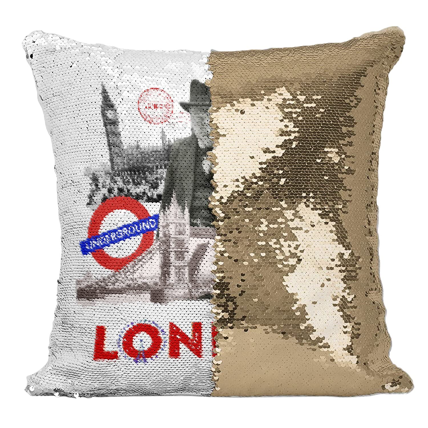 Coussin sequin doré London Voyage Vintage pour decoration de salon chic