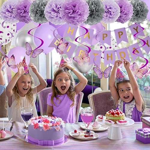 Miniatura 5 de 72 piezas de decoraciones de fiesta de cumpleaños moradas para niñas y mujeres, lavanda púrpura y mariposa plateada, suministros de decoración de