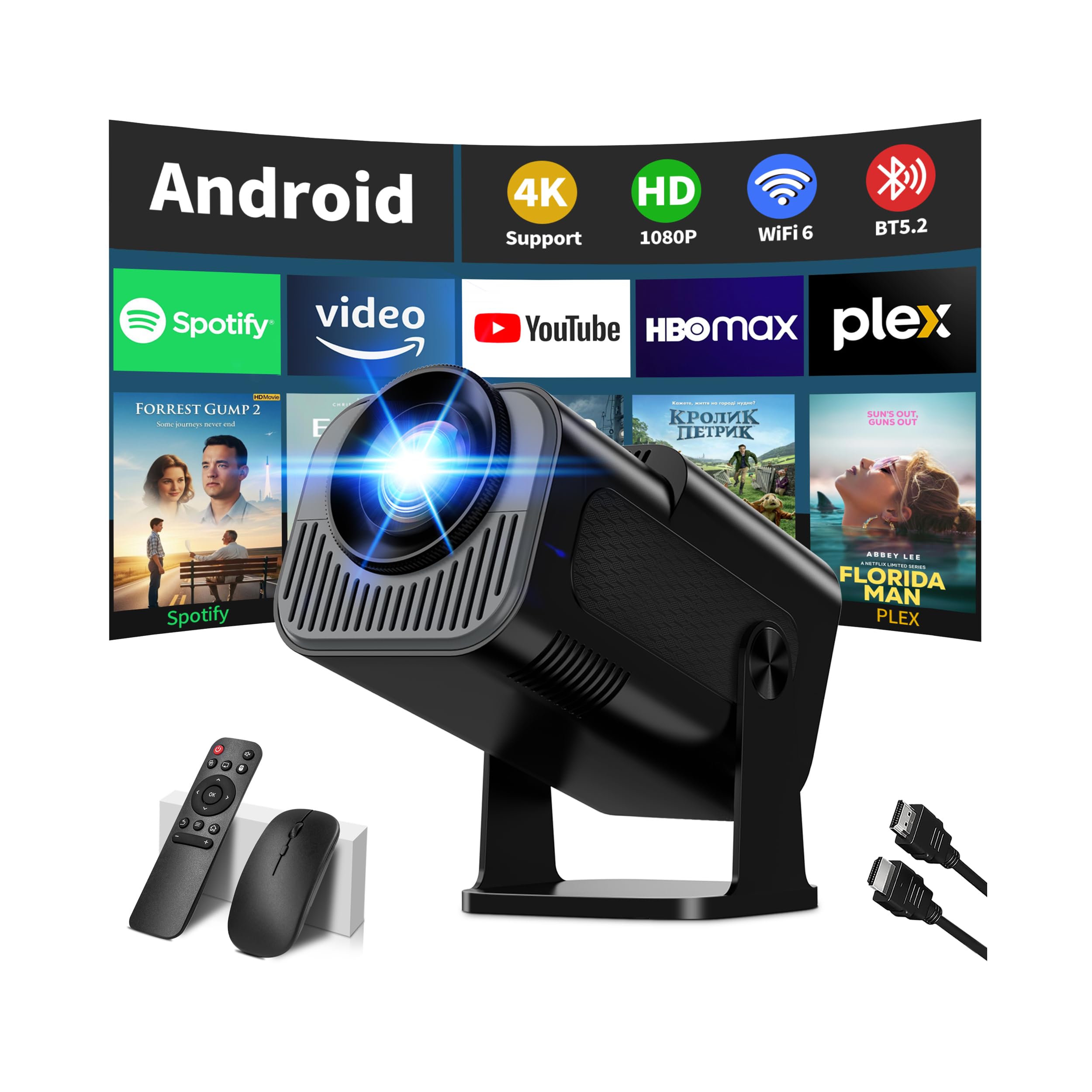 [App Integrada & 2026 Upgraded] Mini Proyector 4K 1080P Proyector Vídeo con WiFi 6 Bluetooth 5.2 Support Gira 270° Corrección Trapezoidal Automática para HDMI/TV Stick/PC/USB, Negro