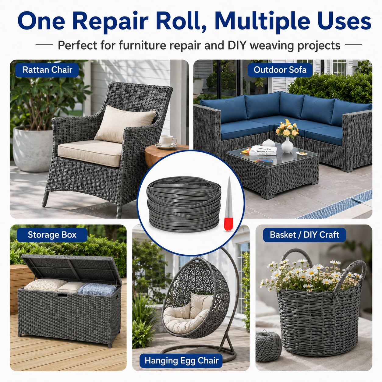 Rattan sintetico 65 m, tessuto piatto in rattan sintetico con leva, materiale di riparazione per mobili da esterno, sedie in rattan, tavolo e cestini (beige)