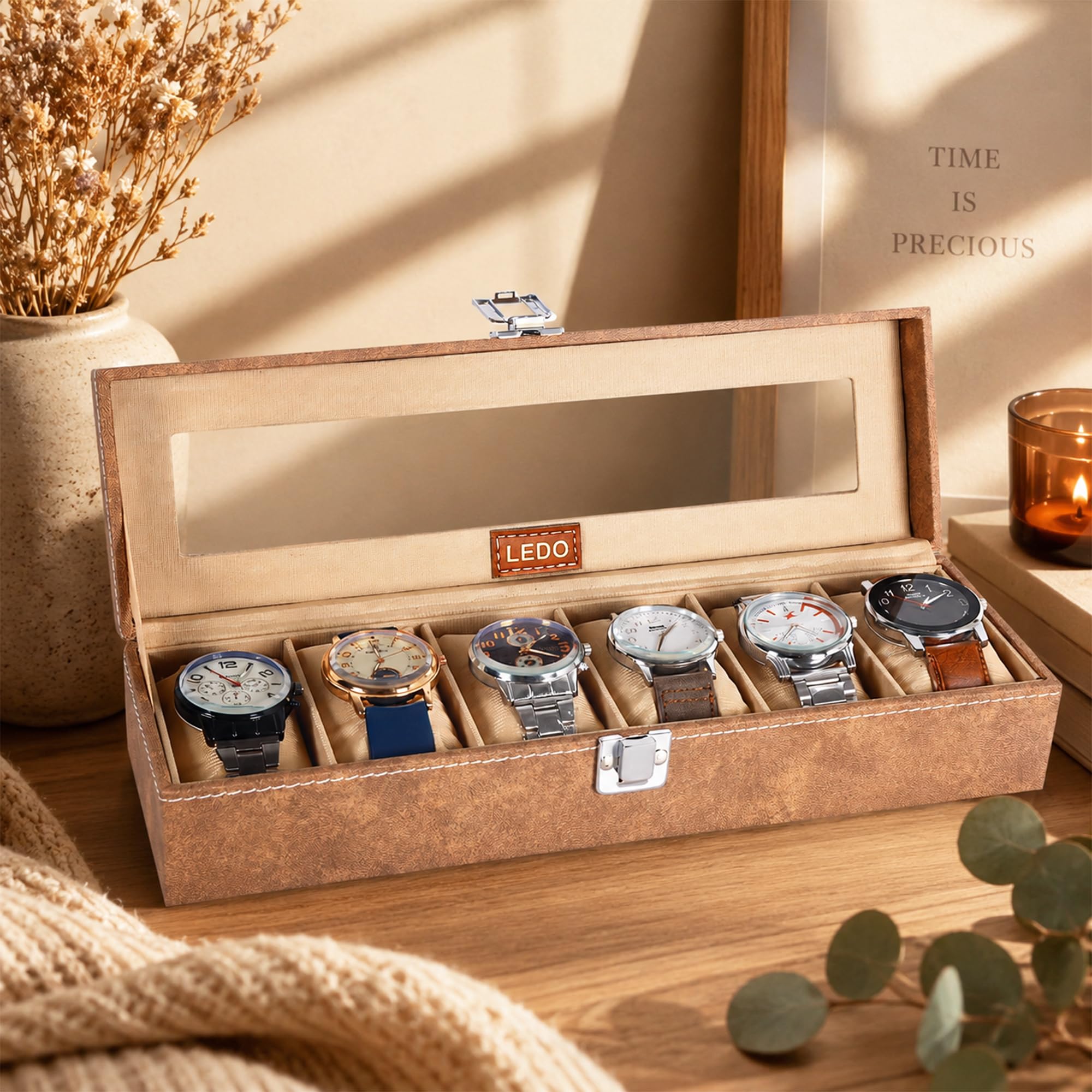 LEDO Luxury Watch Box Organizer, 6 Slot Display Case with Transparent Transparent Top, Cream PU Leather Exterior, Soft Cushioned Interior, Perfect for Storage and Gifting