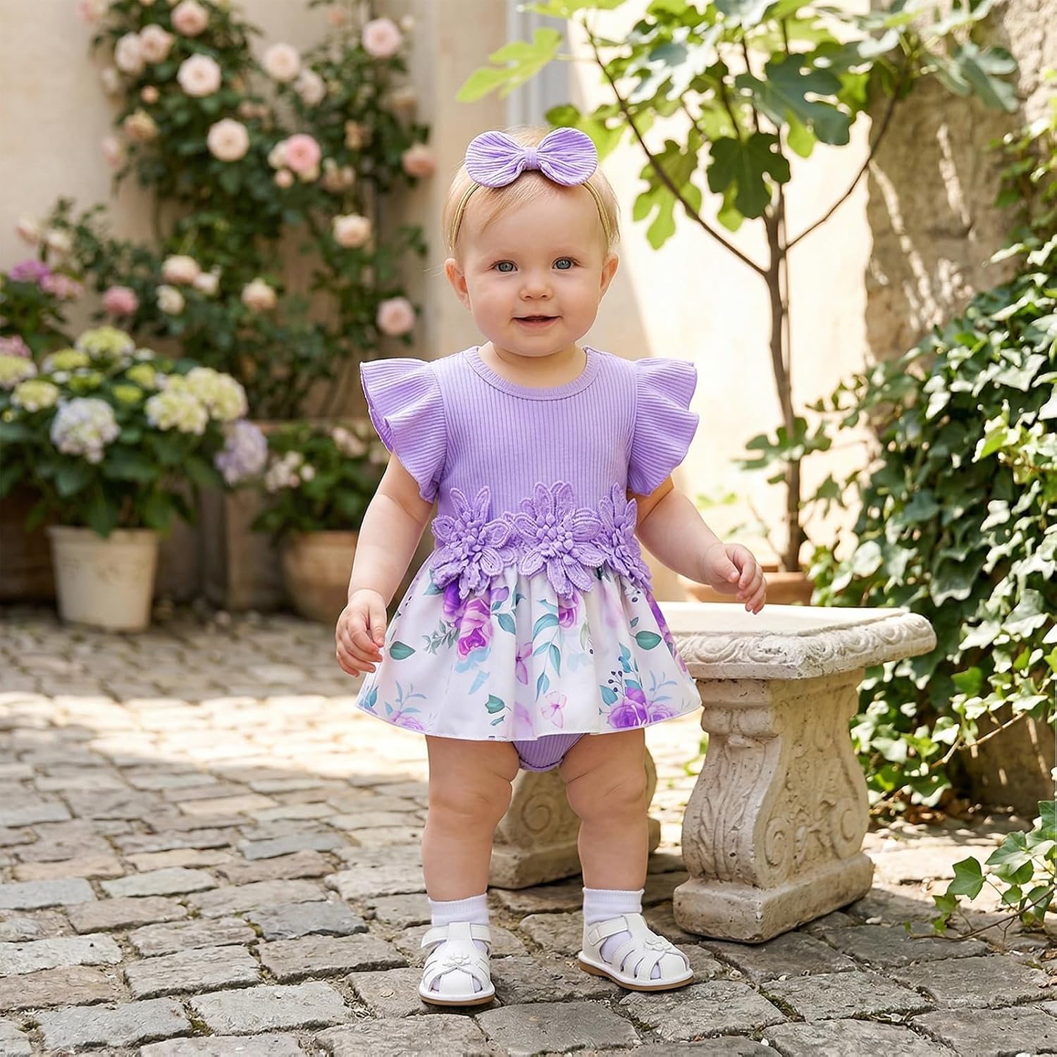 Baby Girl Clothes Summer Outfit Romper Skirt Ruffle Sleeve Cute Bow Headband Infant Bodysuit Set 0-18 Months