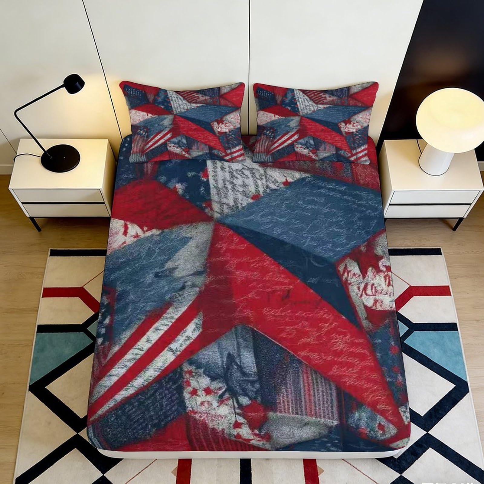 3D Printed Abstract Geometric Fitted Sheet Microfiber Red Blue Artistic Mattress Cover for Bedroom Dorm Decor Protection 90x200x25cm