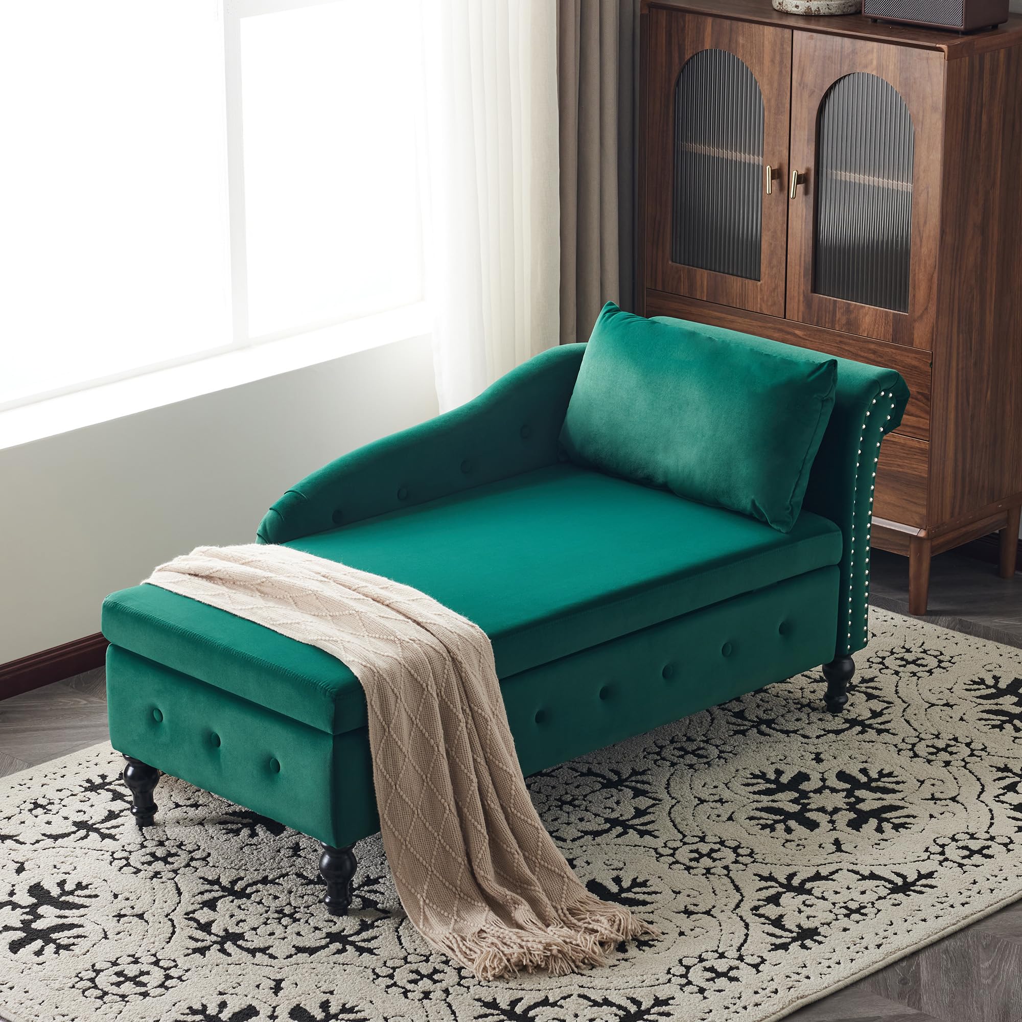ModernLuxe Chaise Lounge with Storage, Upholstered Armchair with Pillow for Living Room, Bedroom and Office, Modern Nailhead-Trim & Button-tufted Lounge Chair, Right Armrest, Velvet Green