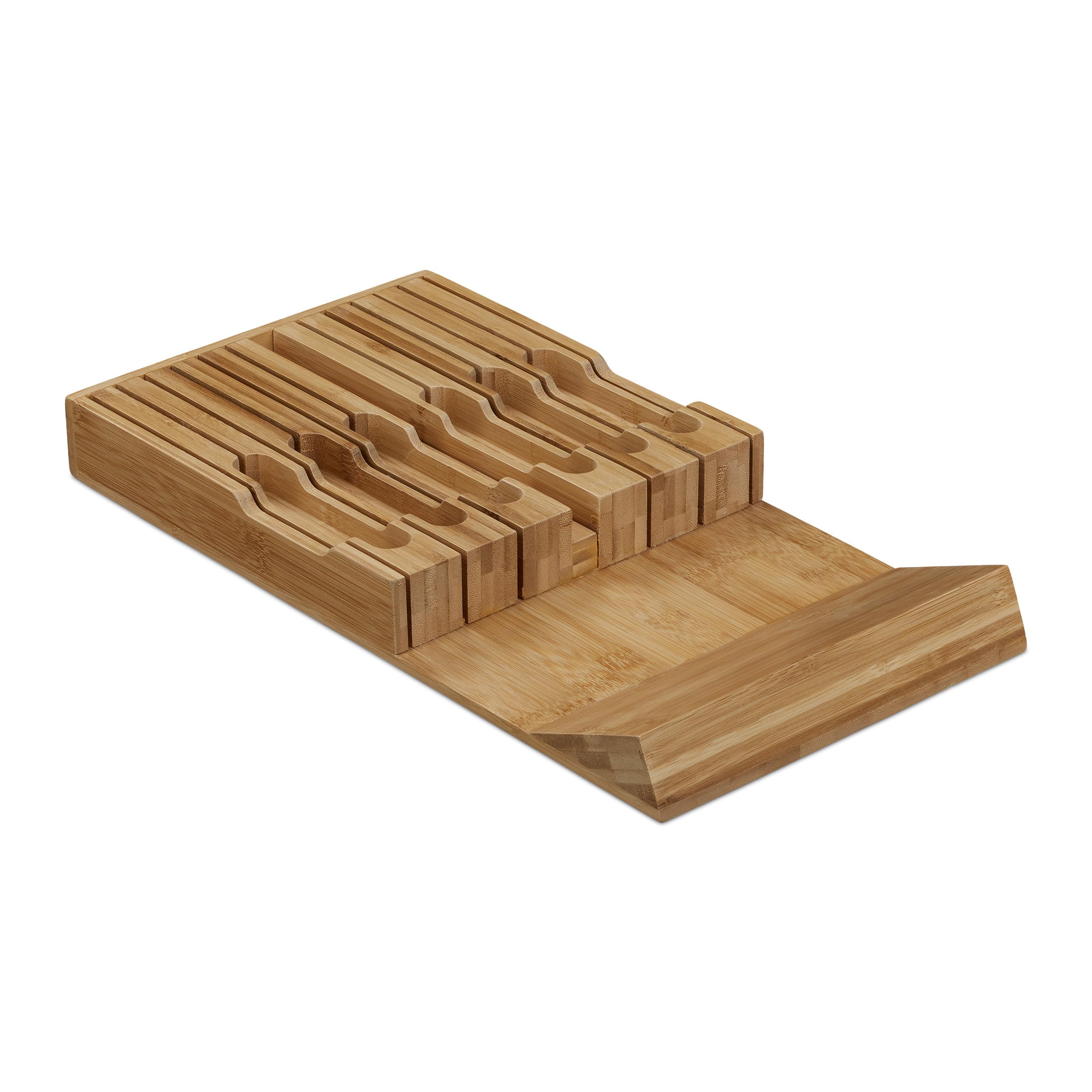 Relaxdays Range couteaux tiroir, 12 couteaux & aiguisoir, bloc en bambou, horizontal, HLP: 4,5 x 43,5 x 23 cm, nature
