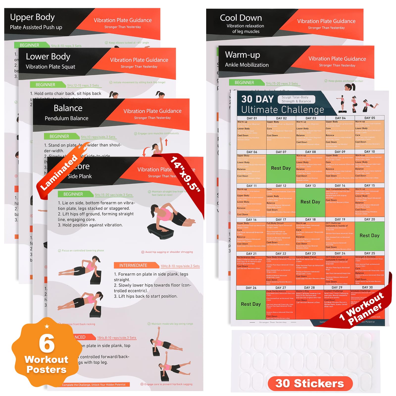Laminowany plakat z płytą wibracyjną, 6 wskazówek treningowych z 30-dniowym planerem treningu i tabelą stref ciała, przewodnik dla początkujących i zaawansowanych, do domowej siłowni