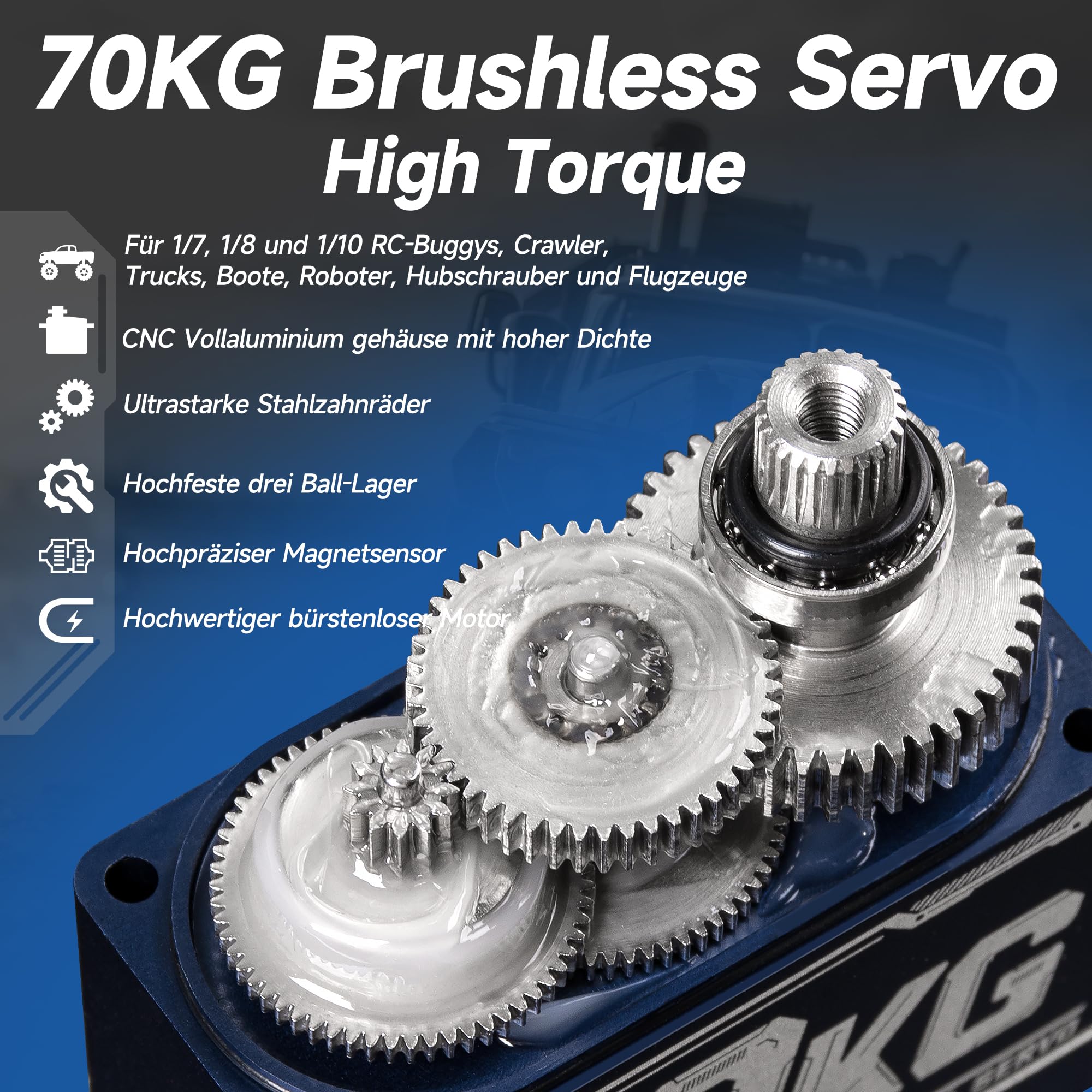 Miuzei Serwo RC 70 kg, 180°, silnik serwo High Torque Metal Steel Gears do 1/10 1/8 1:7, samochód RC, samochód, łódź, samolot, wodoszczelny, 4,8-6,0-8,4 V CNC, metalowy