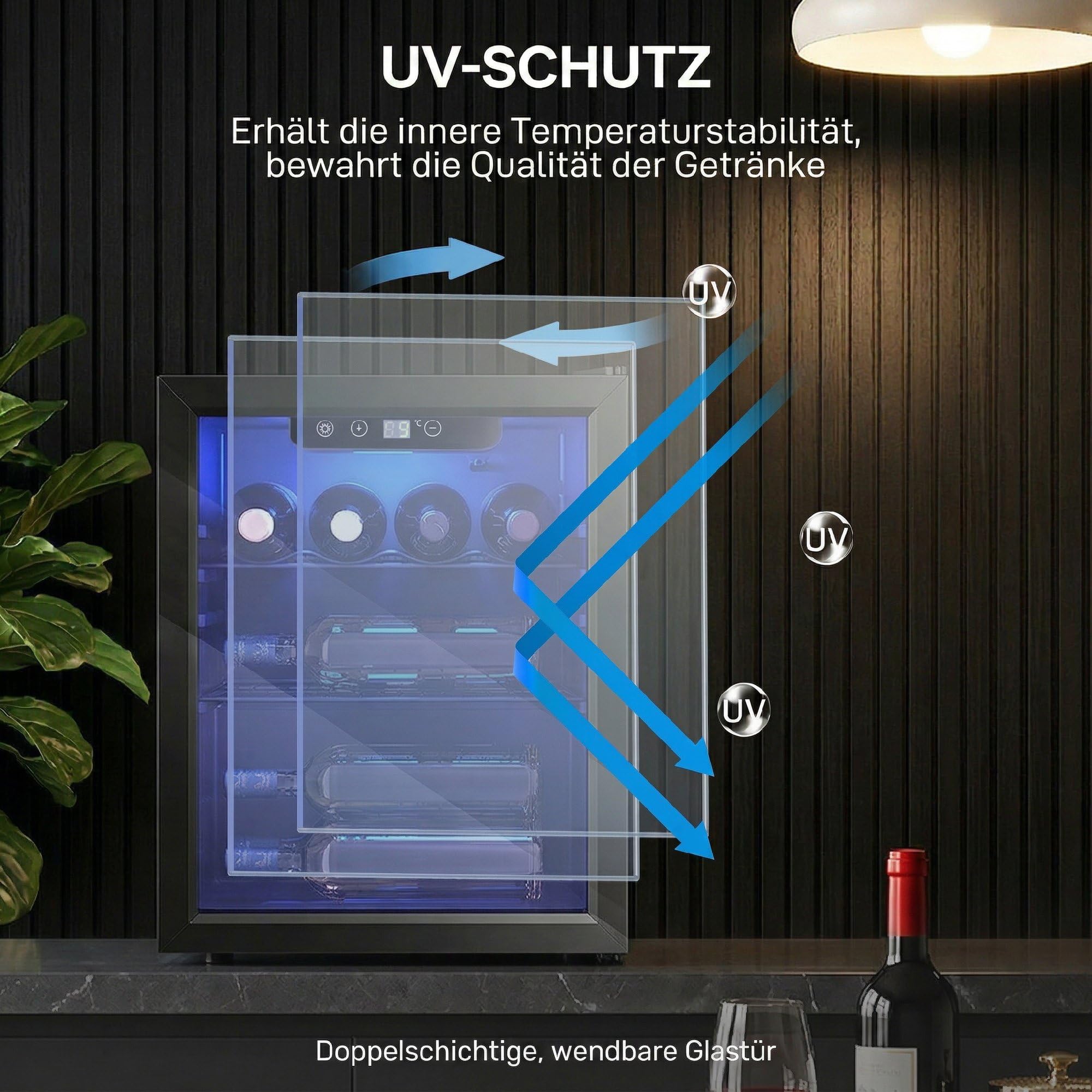 HOMCOM Nevera para vino (16 botellas, 48 L), color negro | Frigorífico para bebidas, 4-16 °C, puerta de doble cristal, iluminación LED, pantalla LED, Wine Fridge