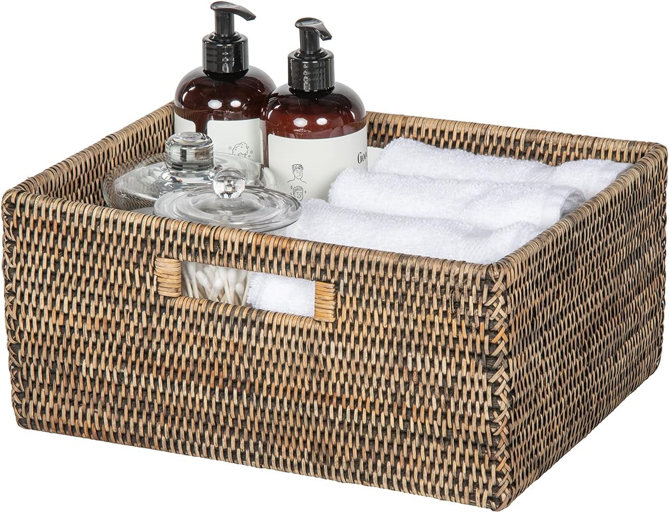 La Jolla Rattan Shelf Basket with Handles Medium Black Wash