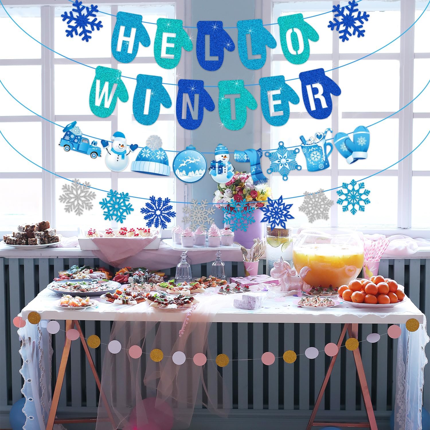 No-DIY Blue Glitter Hello Winter Banner, Winter Party Decorations for Office, Snowflake Banner for Home Office Winte r Wonderland Party Decorations