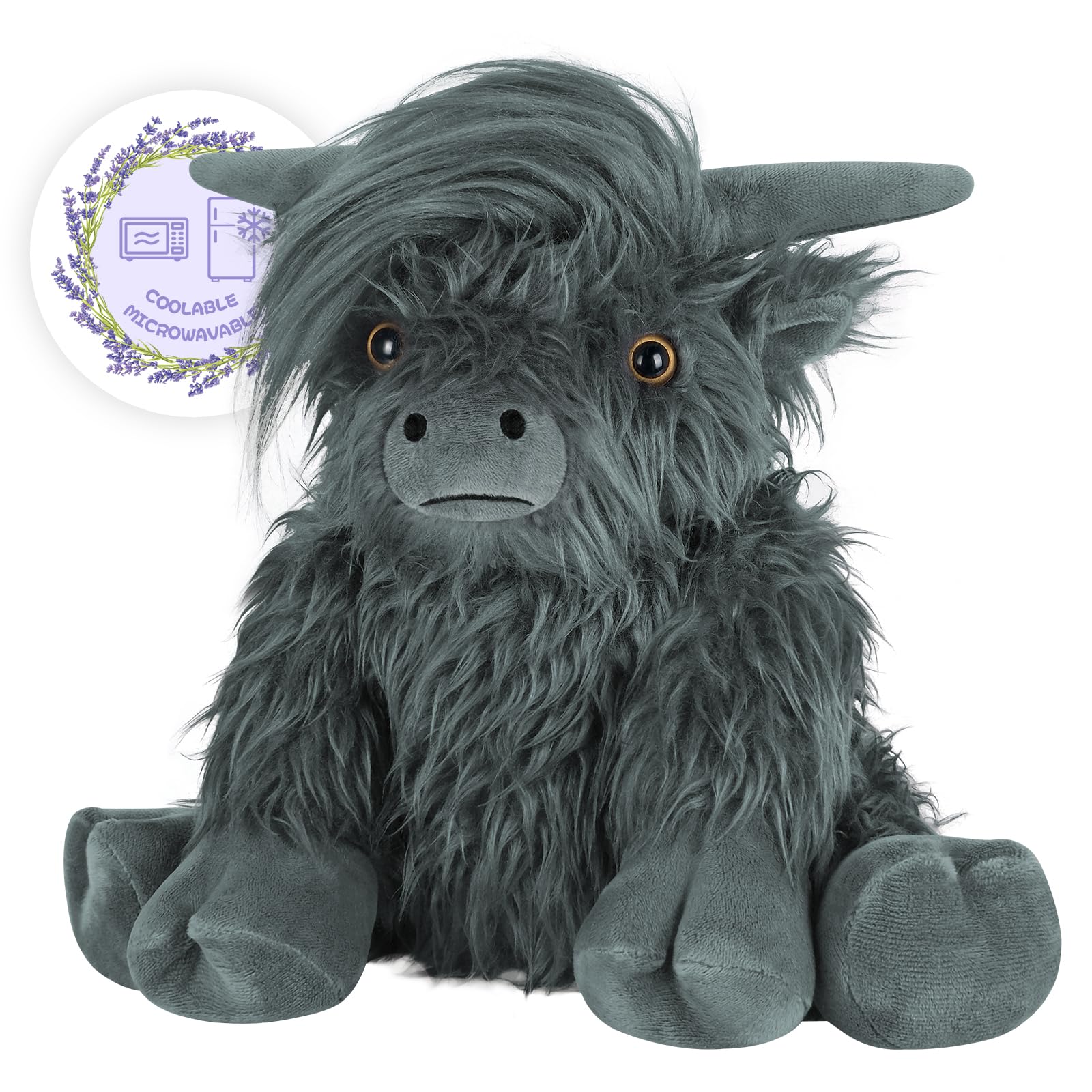 SuzziPals Highland Cow Stuffed Animal, Microwavable Stuffed Animals Heating Pad for Period Cramps, Highland Cow Plushies for Stress Relief, Lavender Scented Black Highland Cattle, Highland Cow Gifts