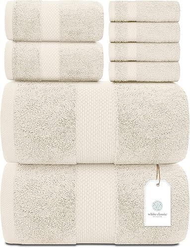 White Classic Juego de 8 toallas de baño de lujo color marfil, algodón peinado absorbente de calidad de hotel, 2 toallas de baño, 2 toallas de mano,
