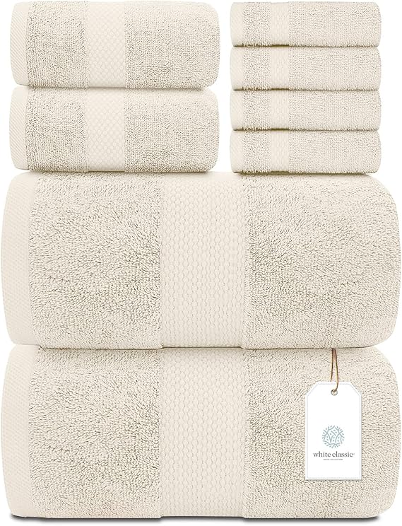 White Classic Luxury Ivory Bath Towel Set Combed Cotton