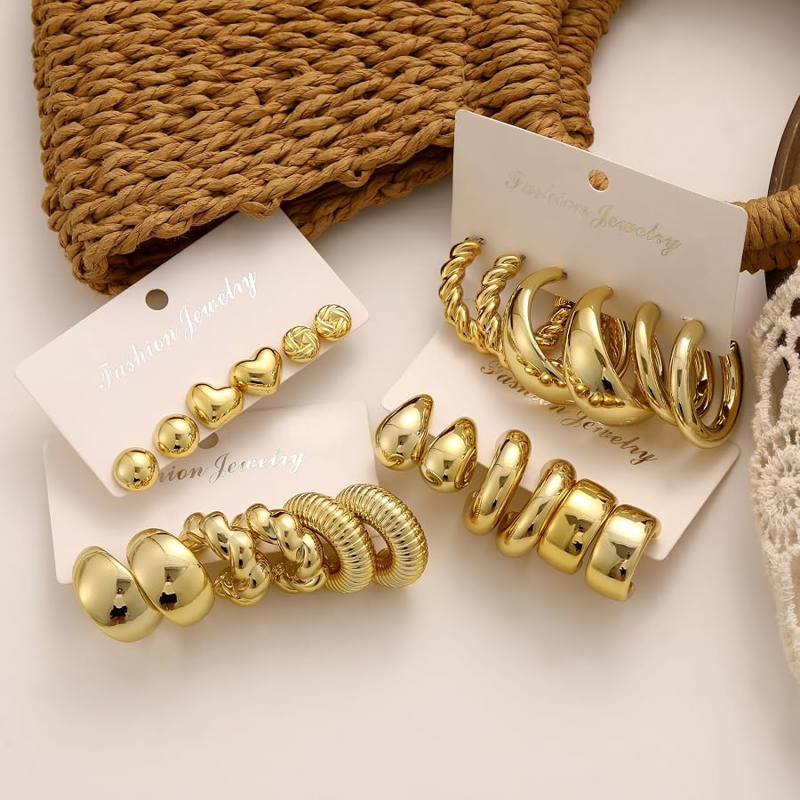 12 Pairs Chunky Gold Hoop Earrings for Women Trendy, Gold Plated Lightweight Classics Hypoallergenic Stack, Thick Open Twisted Huggie Hoops Earring Set, image 8